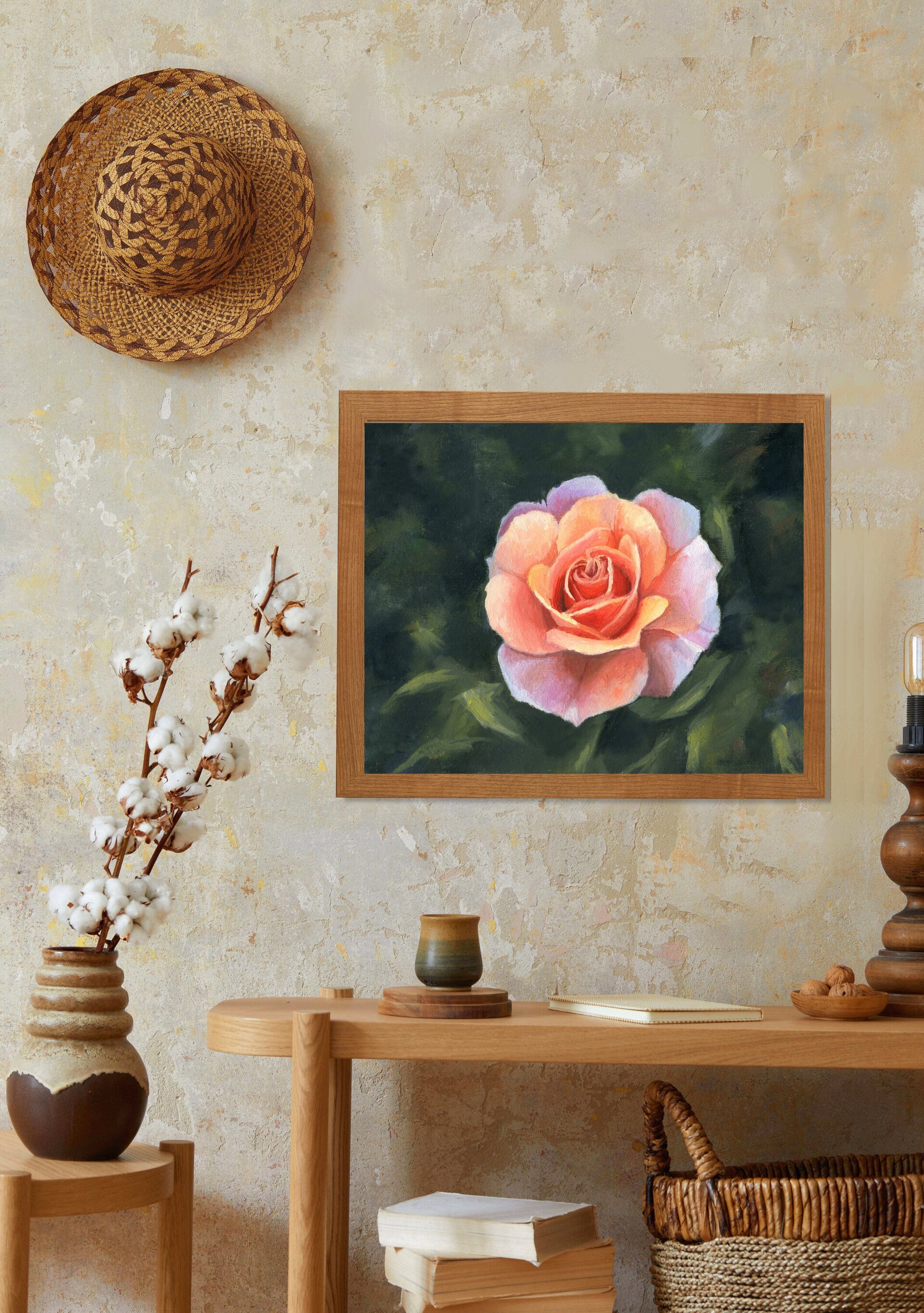 Pintura de Rosa delicada en jardín con plantas verdes. Sofisticación y elegancia - 8