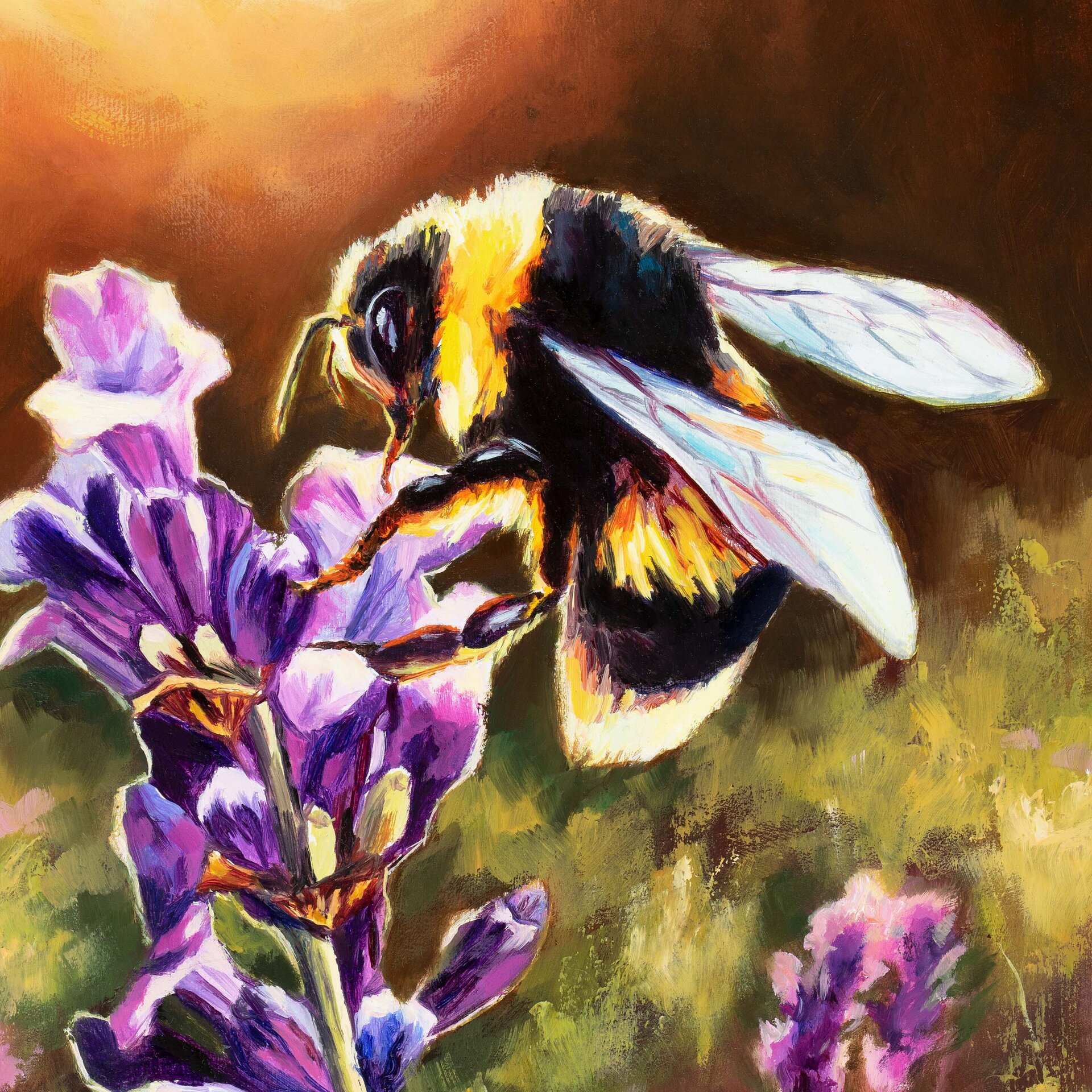 Pintura de abejorro en una flor de lavanda morada, Cuadro a óleo floral colorido - 8