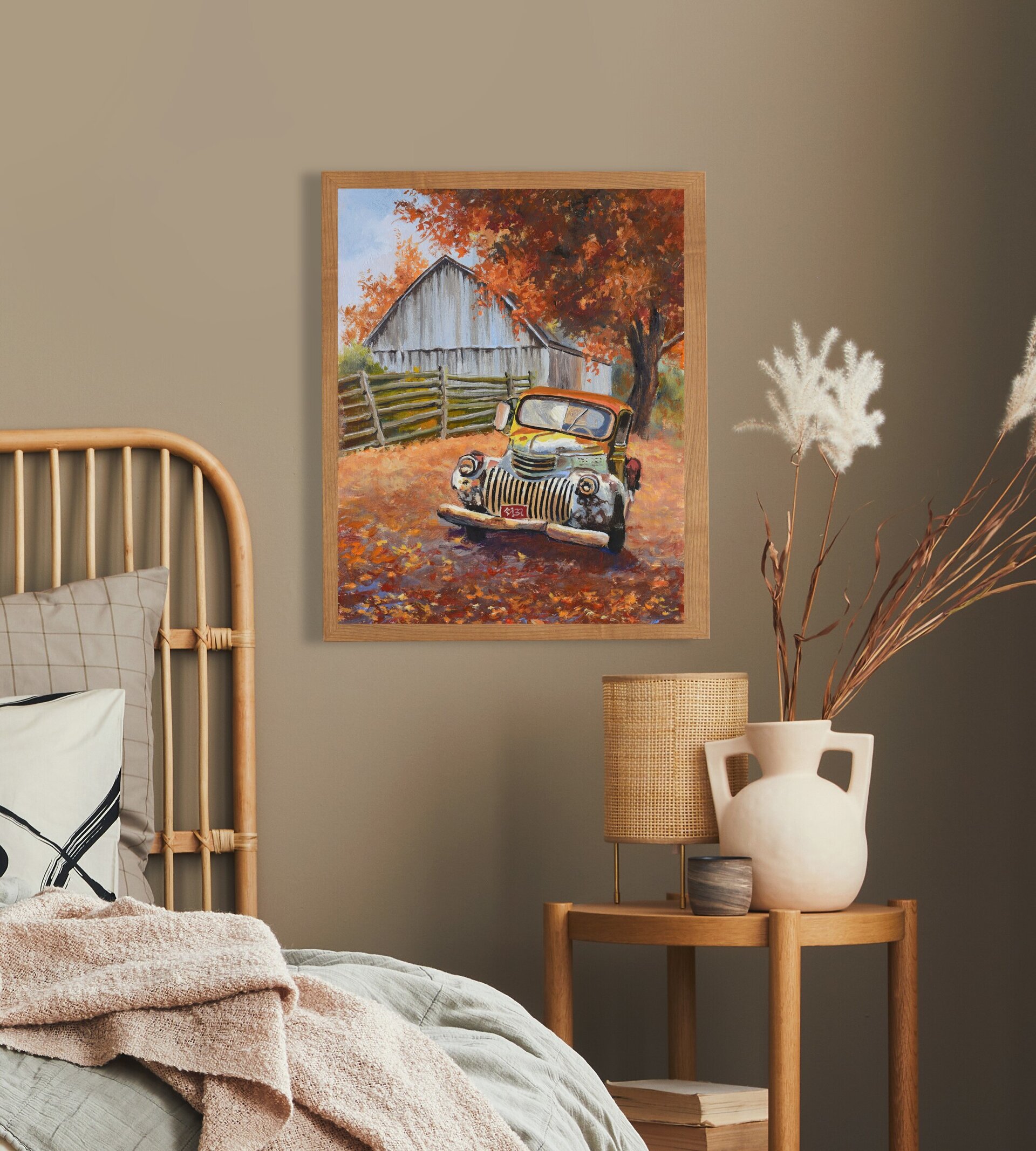 Óleo de Paisaje rural con viejo coche pickup y hojas de otoño en granero vintage - 6