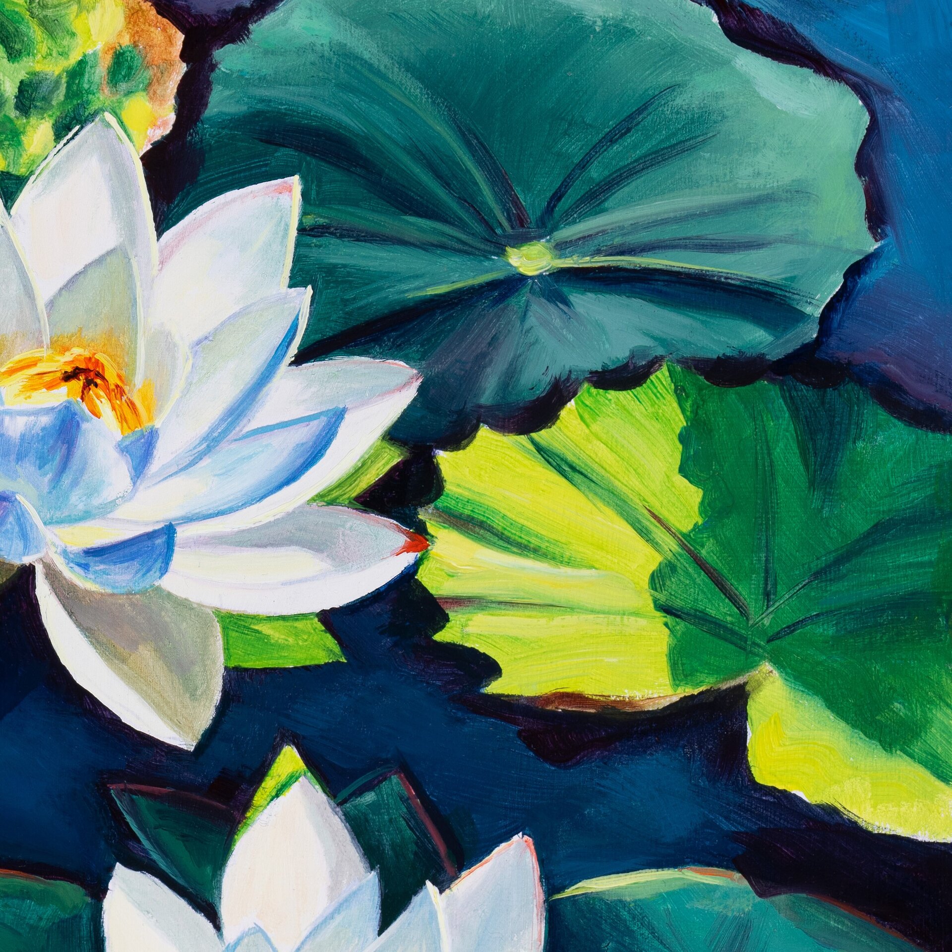 Flores de nenúfar blanco sobre el agua del estanque, Cuadro flores de loto óleo - 16