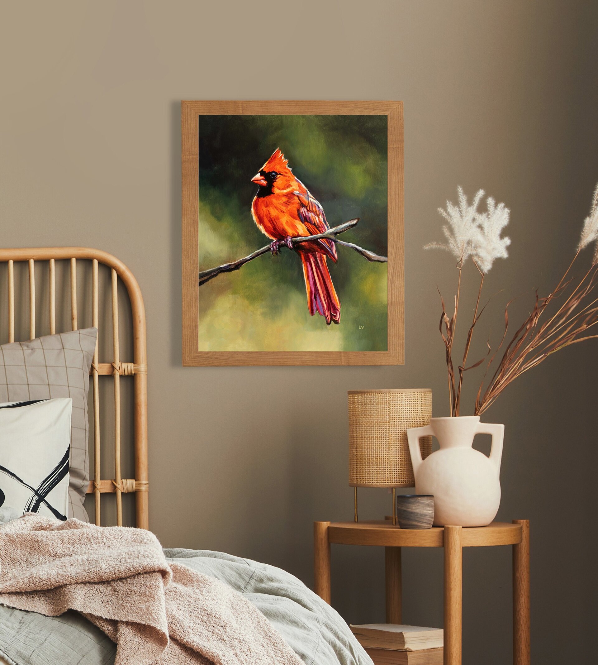 Retrato al óleo de un pajaro cardenal rojo sobre una rama, Pintura de animales - 9
