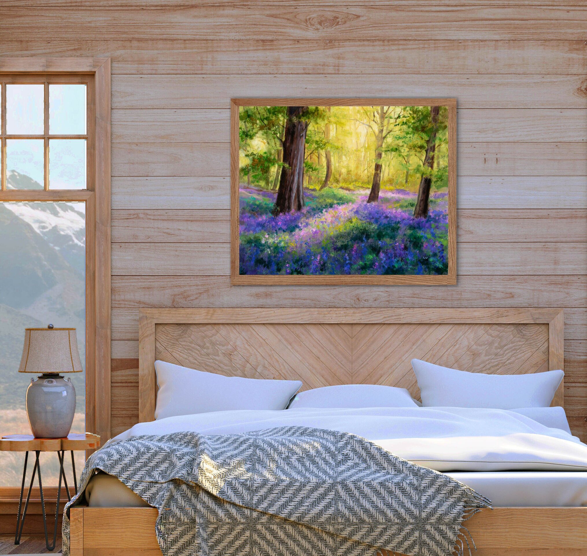 Pintura de campanillas azules en un bosque de hayas con luz entre los árboles - 11