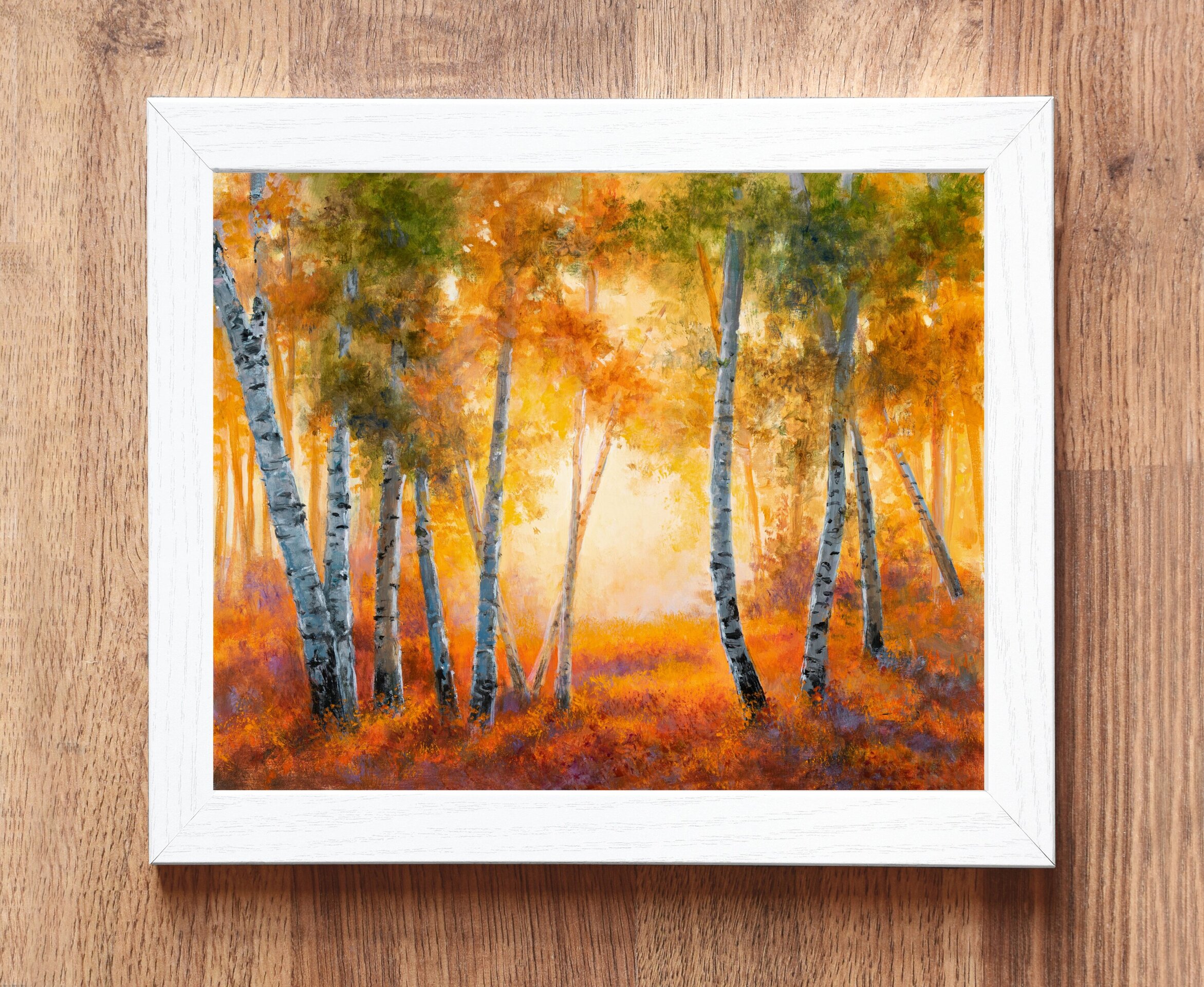 Bosque otoñal de abedules y luz entre los árboles, Óleo en tonos naranja y verde - 4