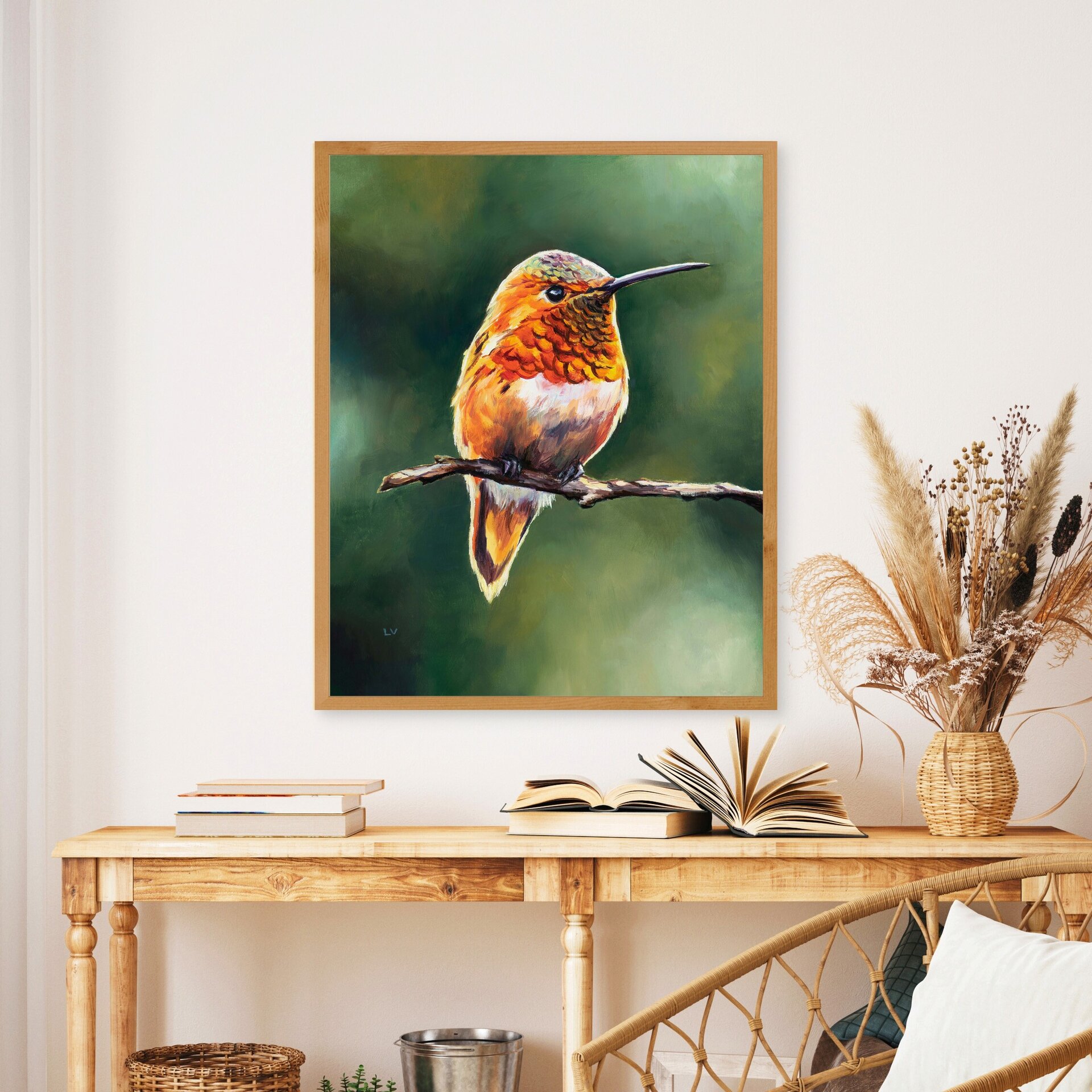 Pintura de colibrí naranja posado en un árbol, Retrato de vida silvestre animal - 5