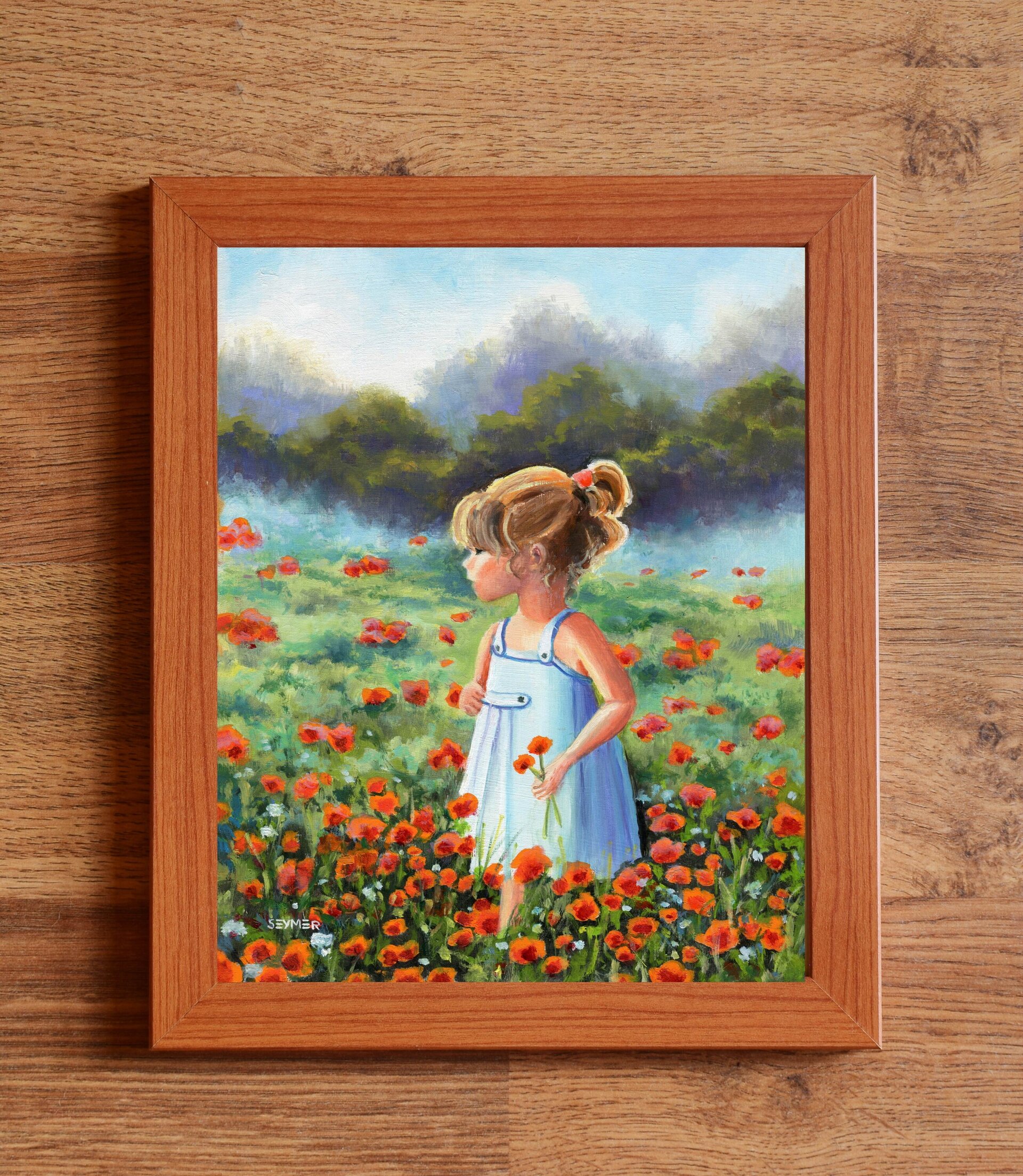 Pintura Niña en campo de amapolas rojas a pleno sol, Luz, color, paz, inocencia - 3