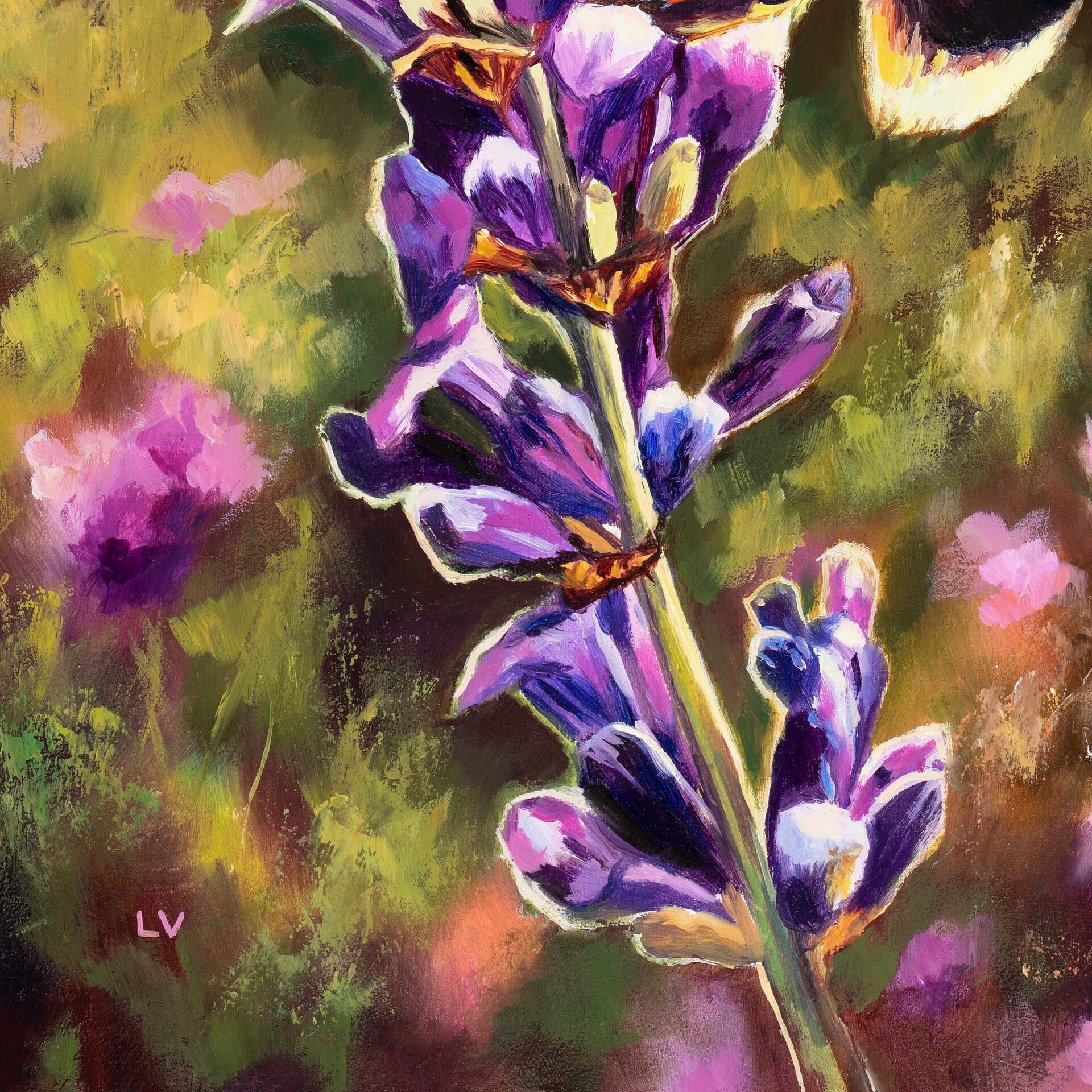Pintura de abejorro en una flor de lavanda morada, Cuadro a óleo floral colorido - 12
