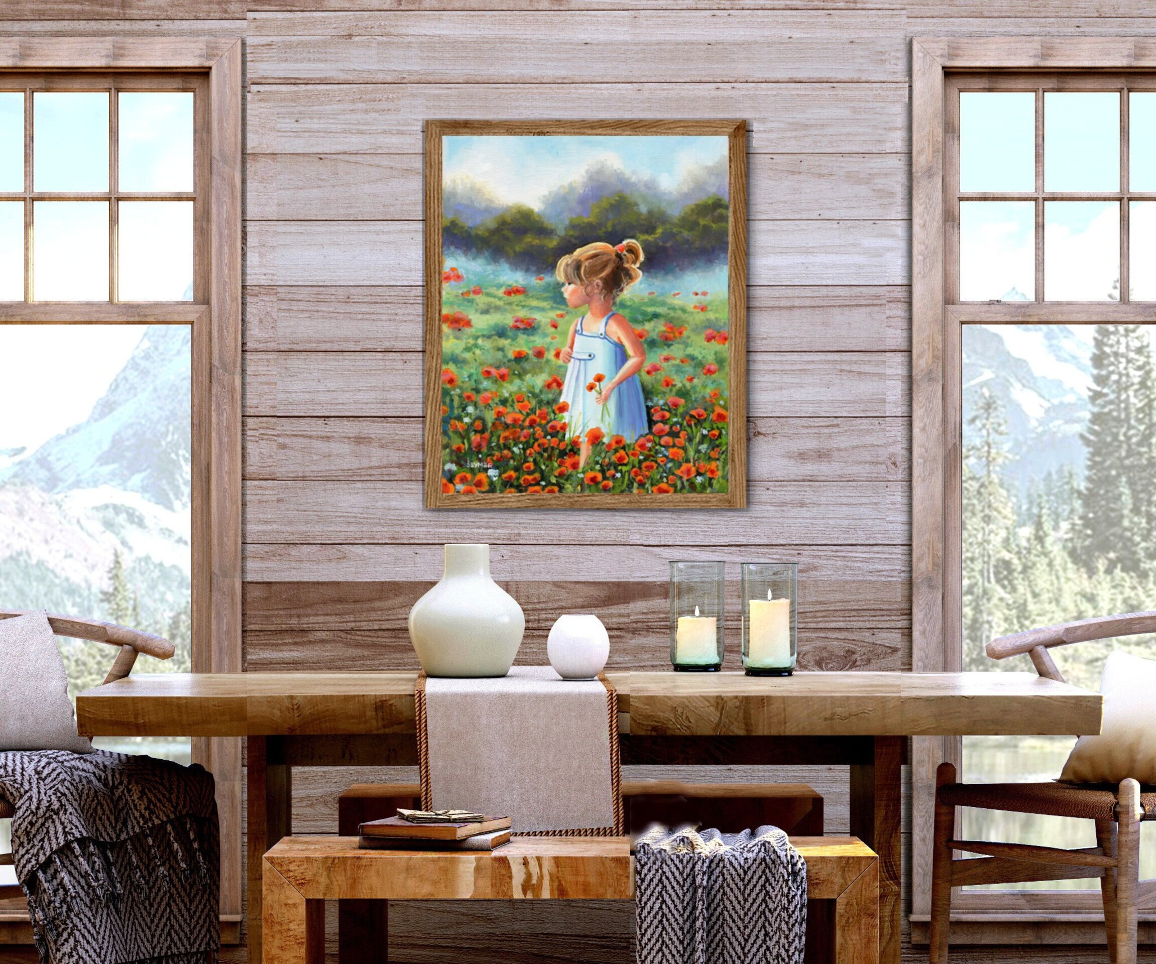 Pintura Niña en campo de amapolas rojas a pleno sol, Luz, color, paz, inocencia - 8