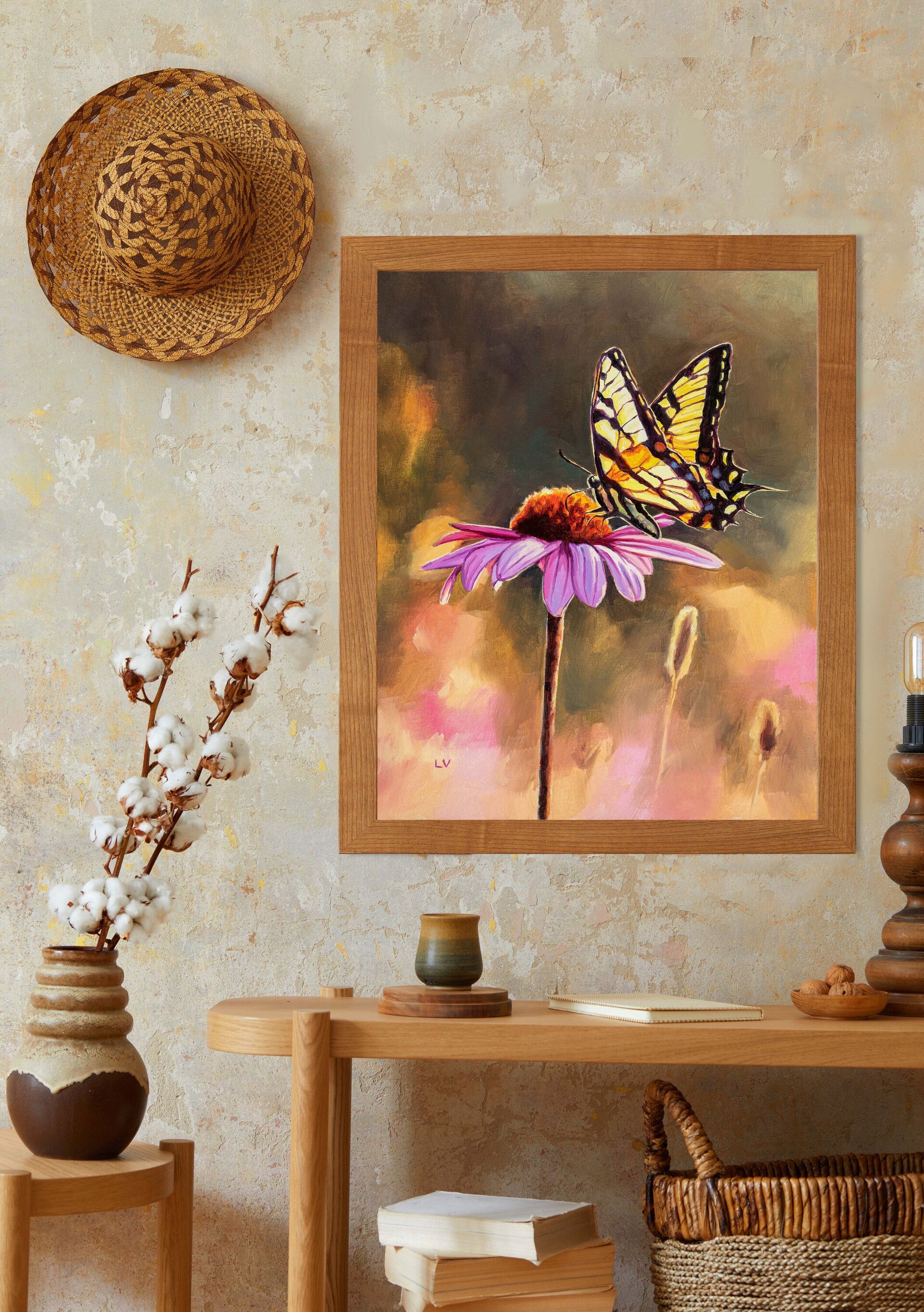 Cuadro al óleo de mariposa papilio sobre una margarita rosa, Ilustración insecto - 5