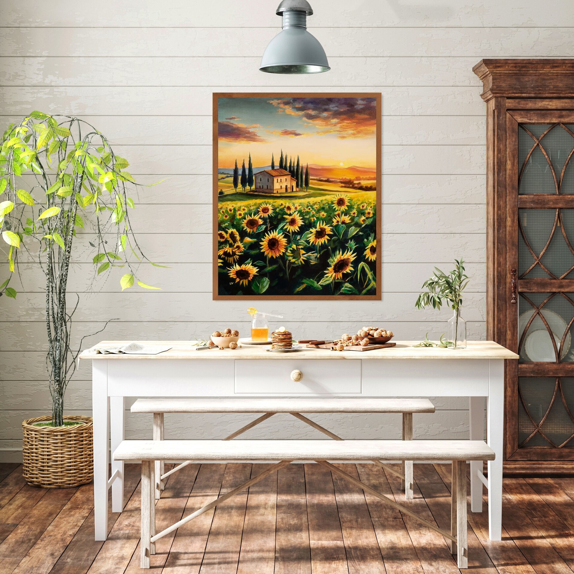 Cuadro al óleo de un paisaje de campo de girasoles en la Toscana al atardecer - 8