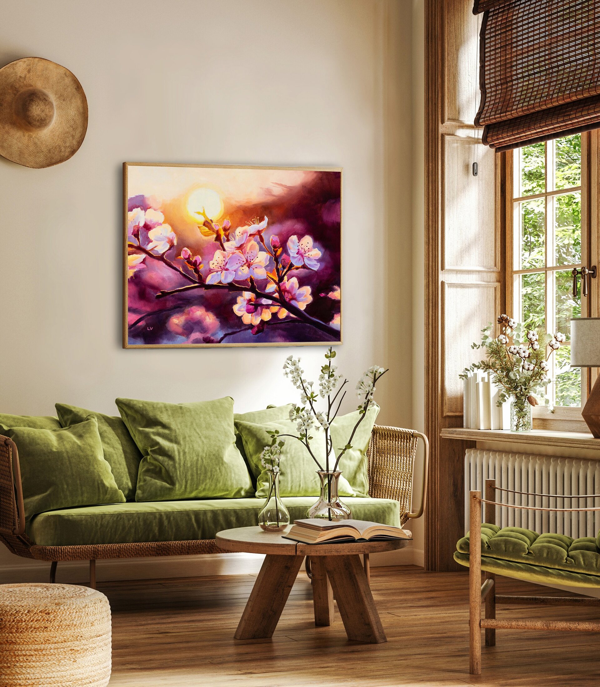 Pintura al óleo de cerezos en flor al atardecer, Cuadro floral rosa botánico - 13