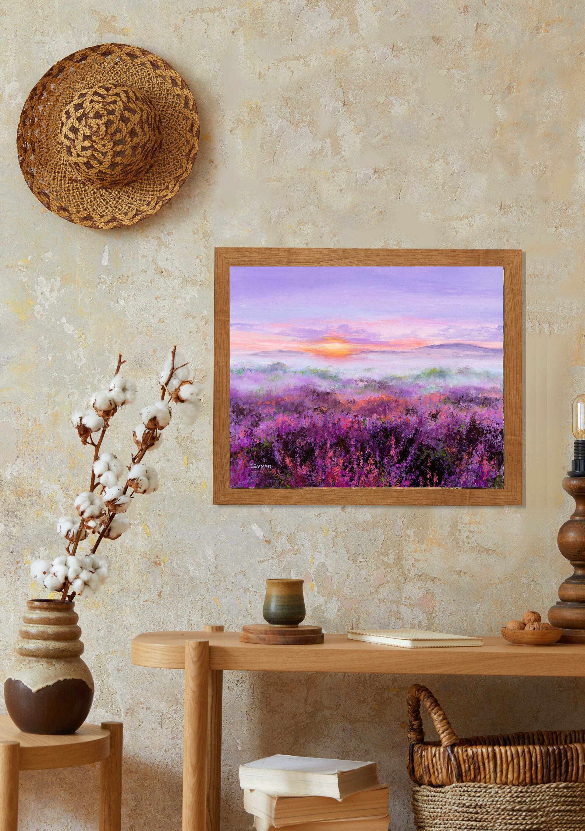 Pintura de campo de lavanda con tonos morados y rosa, flores en colores suaves - 8