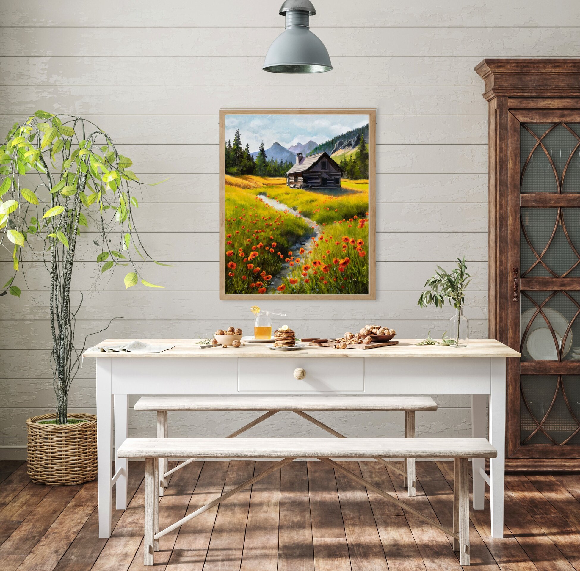 Pintura de paisaje de montaña, amapolas rojas con cabaña de madera, río y abetos - 7