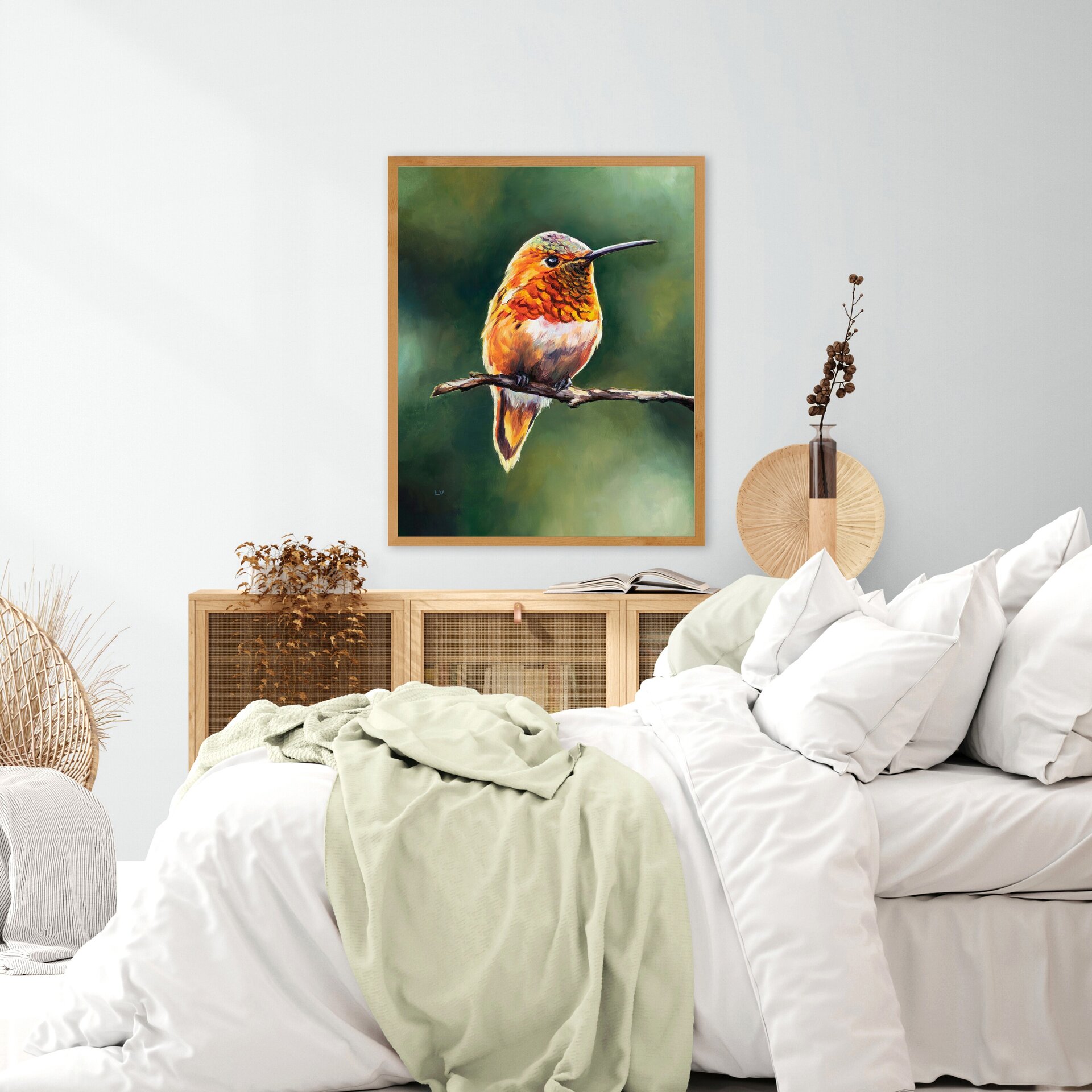 Pintura de colibrí naranja posado en un árbol, Retrato de vida silvestre animal - 11
