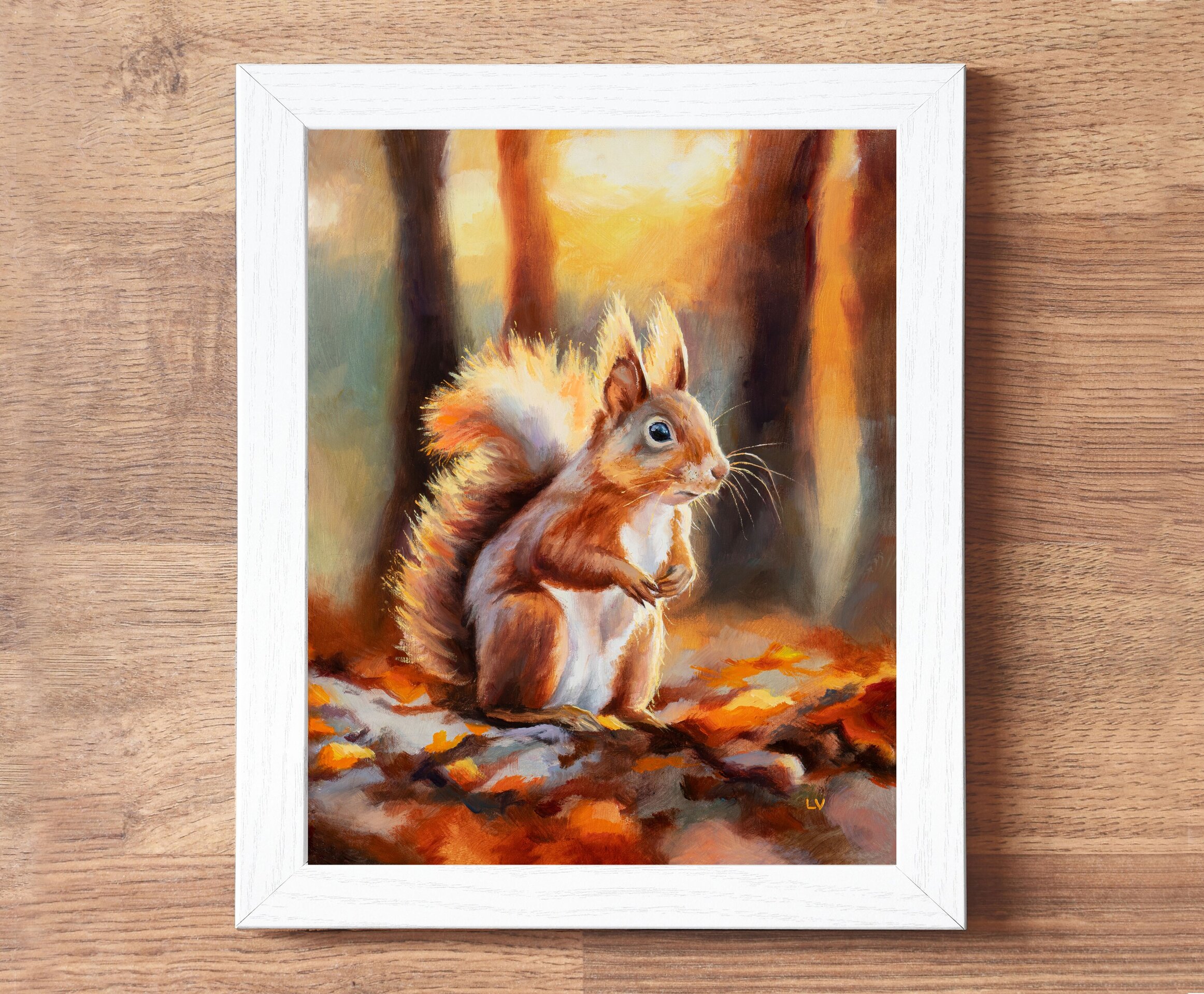 Pintura al óleo de una ardilla roja en el bosque de otoño, Retrato de animales - 4