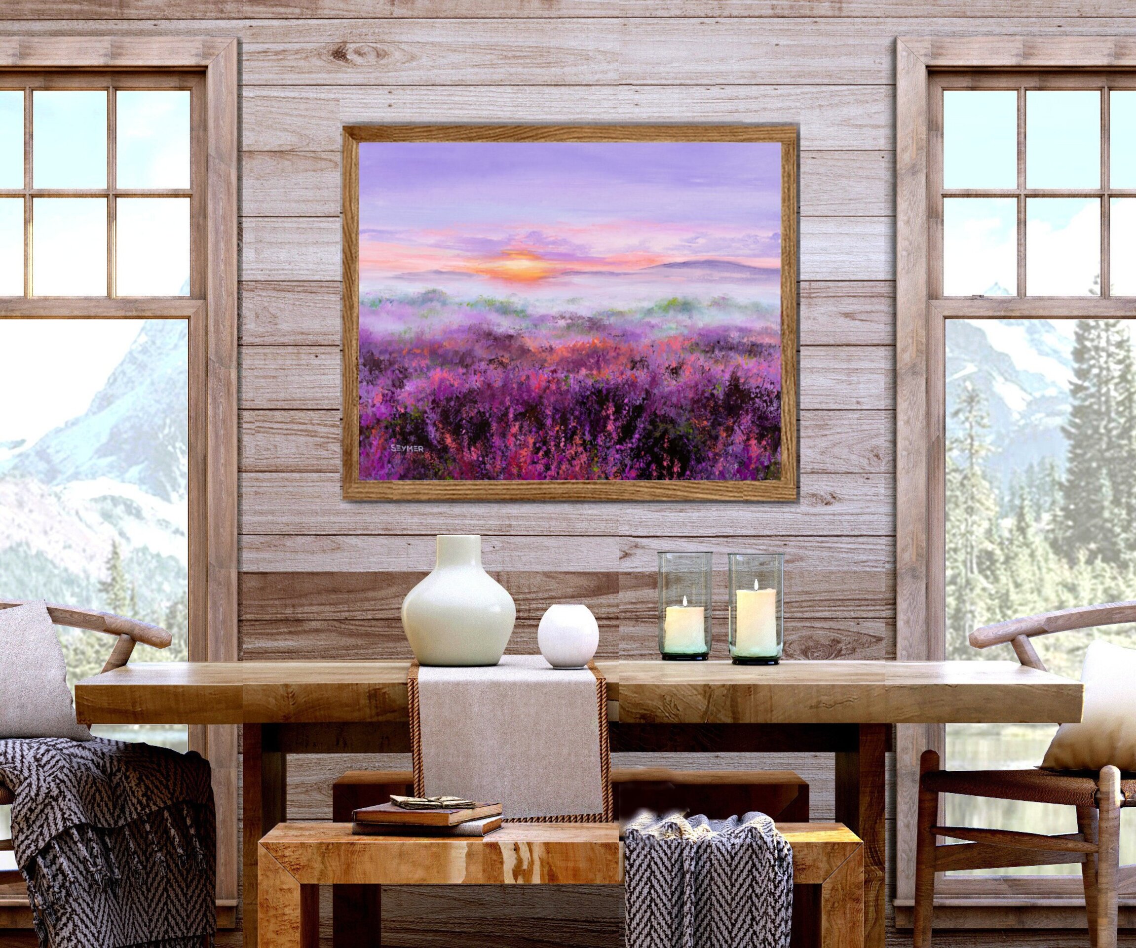 Pintura de campo de lavanda con tonos morados y rosa, flores en colores suaves - 7