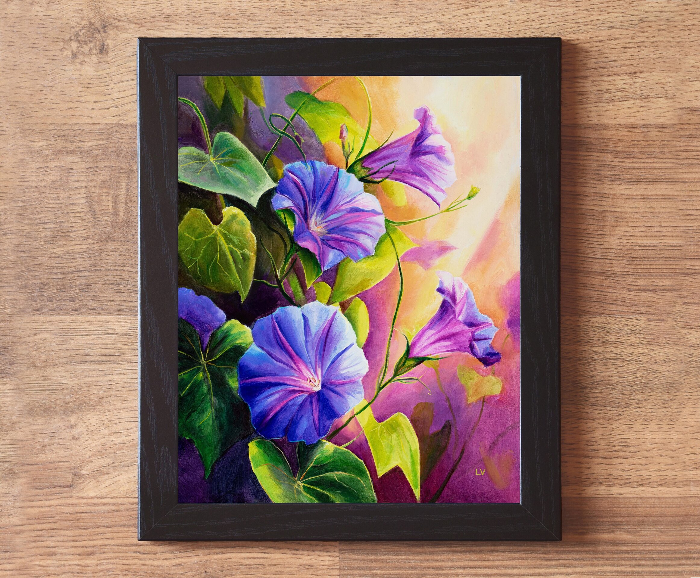 Flores de campanilla moradas en el jardín cuadro al óleo, Pintura botánica - 2