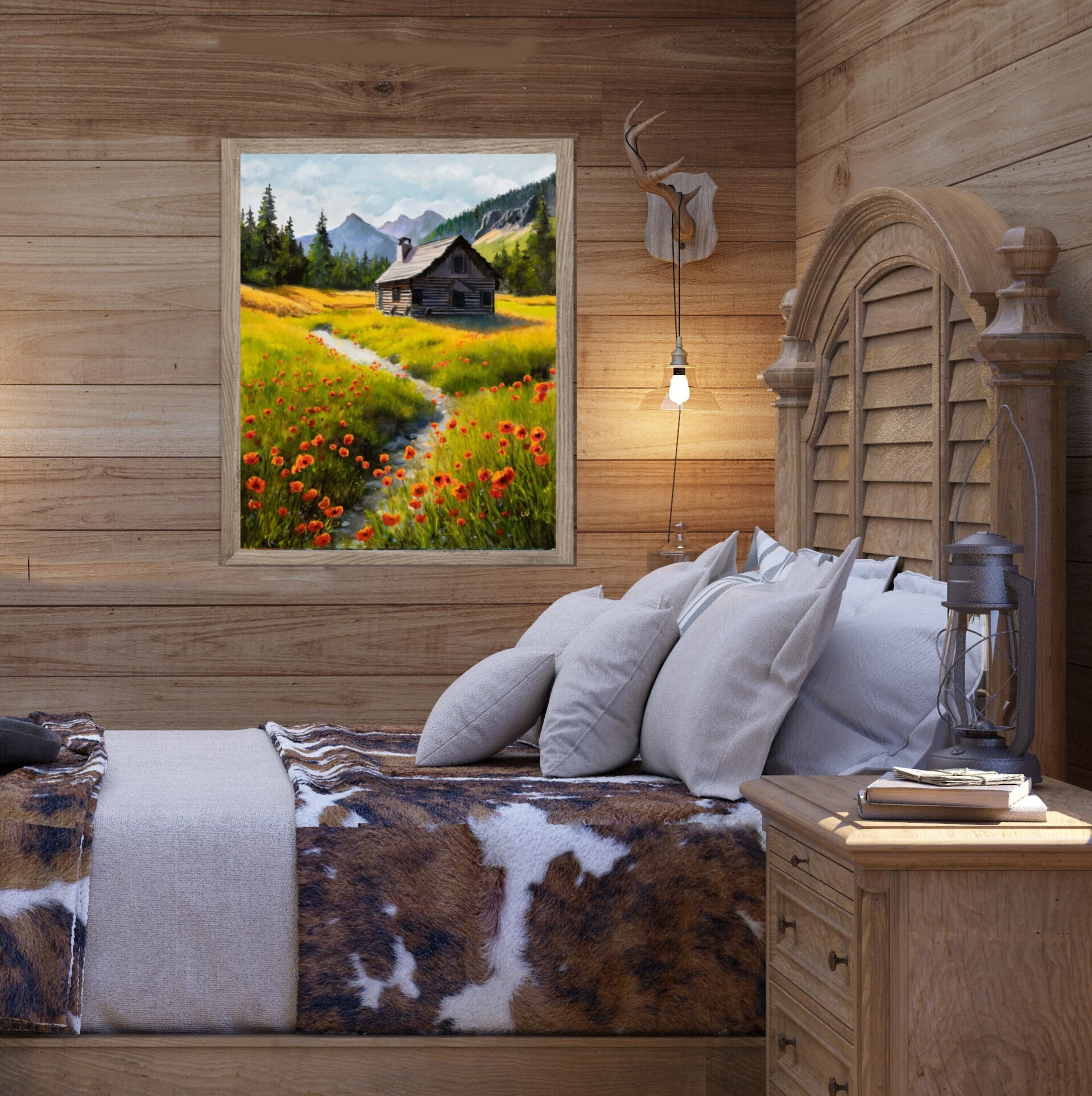 Pintura de paisaje de montaña, amapolas rojas con cabaña de madera, río y abetos - 6