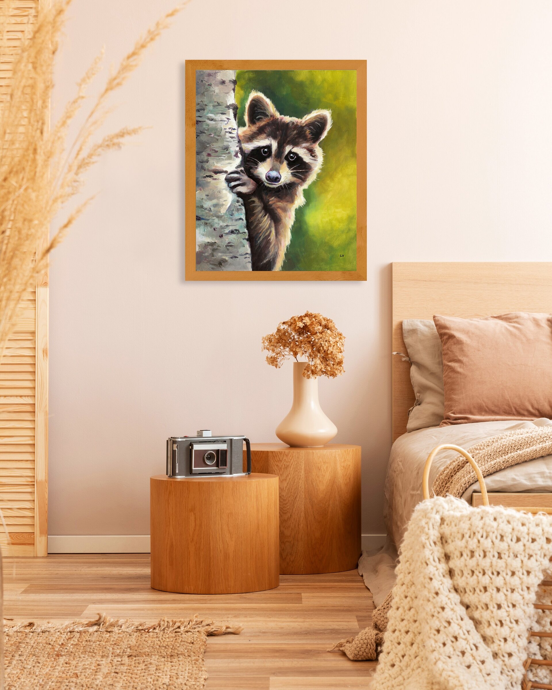 Retrato al óleo de un mapache asomado en un tronco, Pintura realista de animales - 8