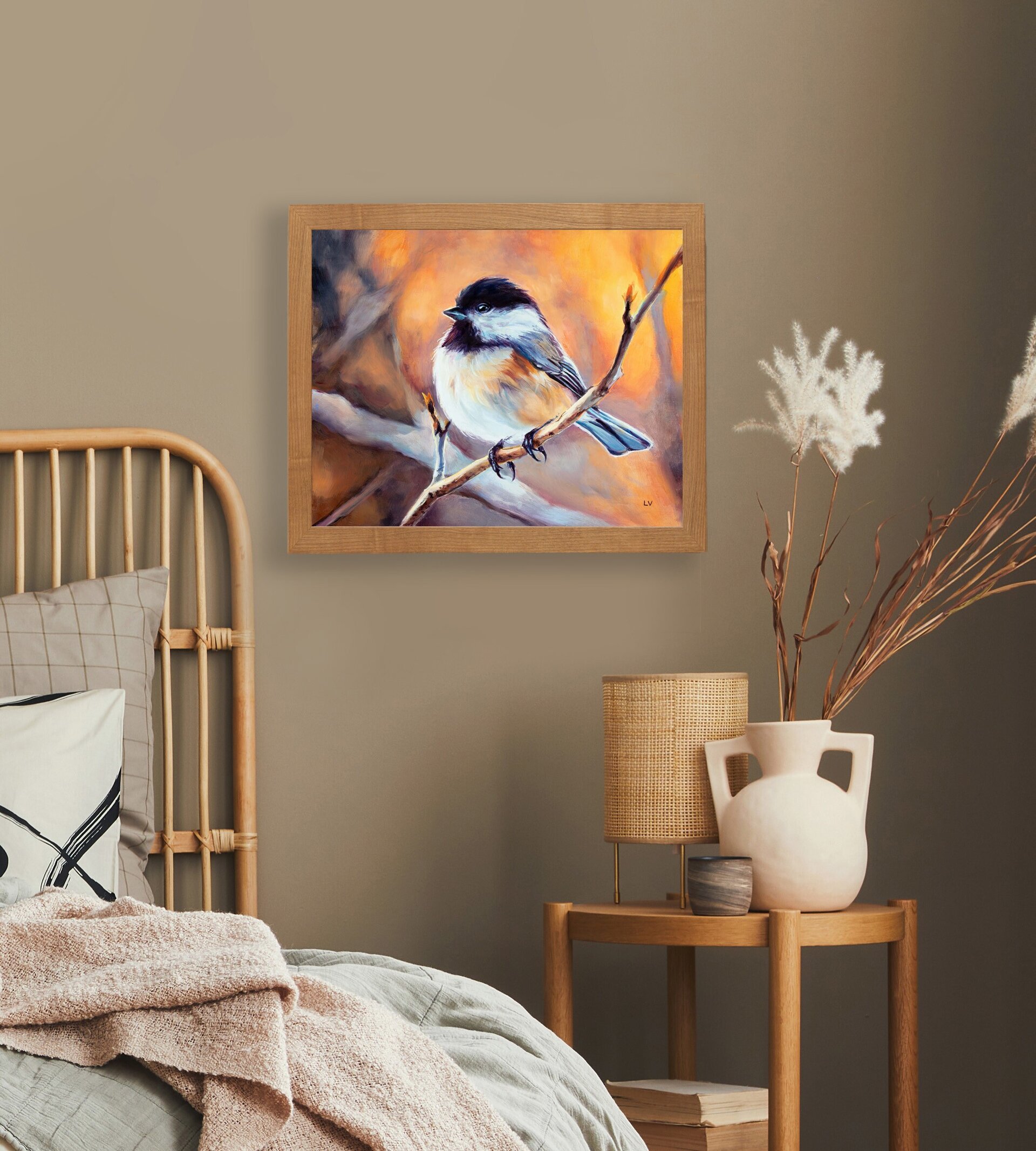 Pintura al óleo de pájaro carbonero cabecinegro sobre una rama del bosque - 6