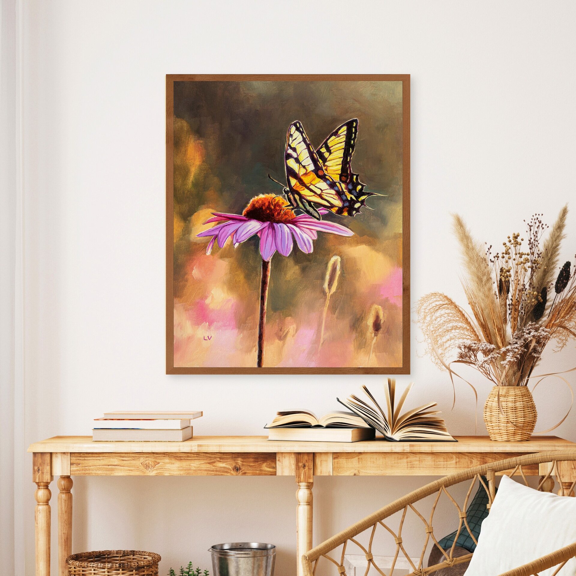 Cuadro al óleo de mariposa papilio sobre una margarita rosa, Ilustración insecto - 6