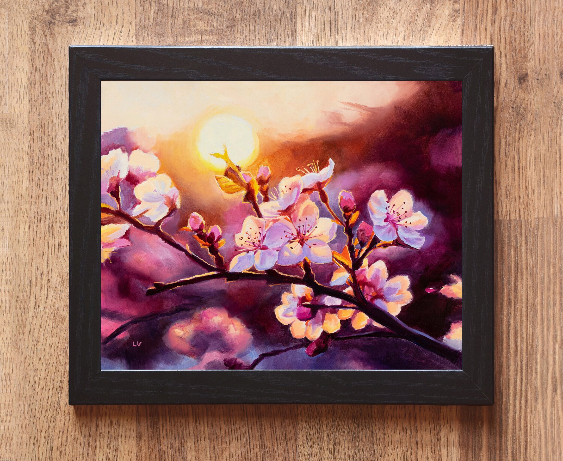 Pintura al óleo de cerezos en flor al atardecer, Cuadro floral rosa botánico - 2