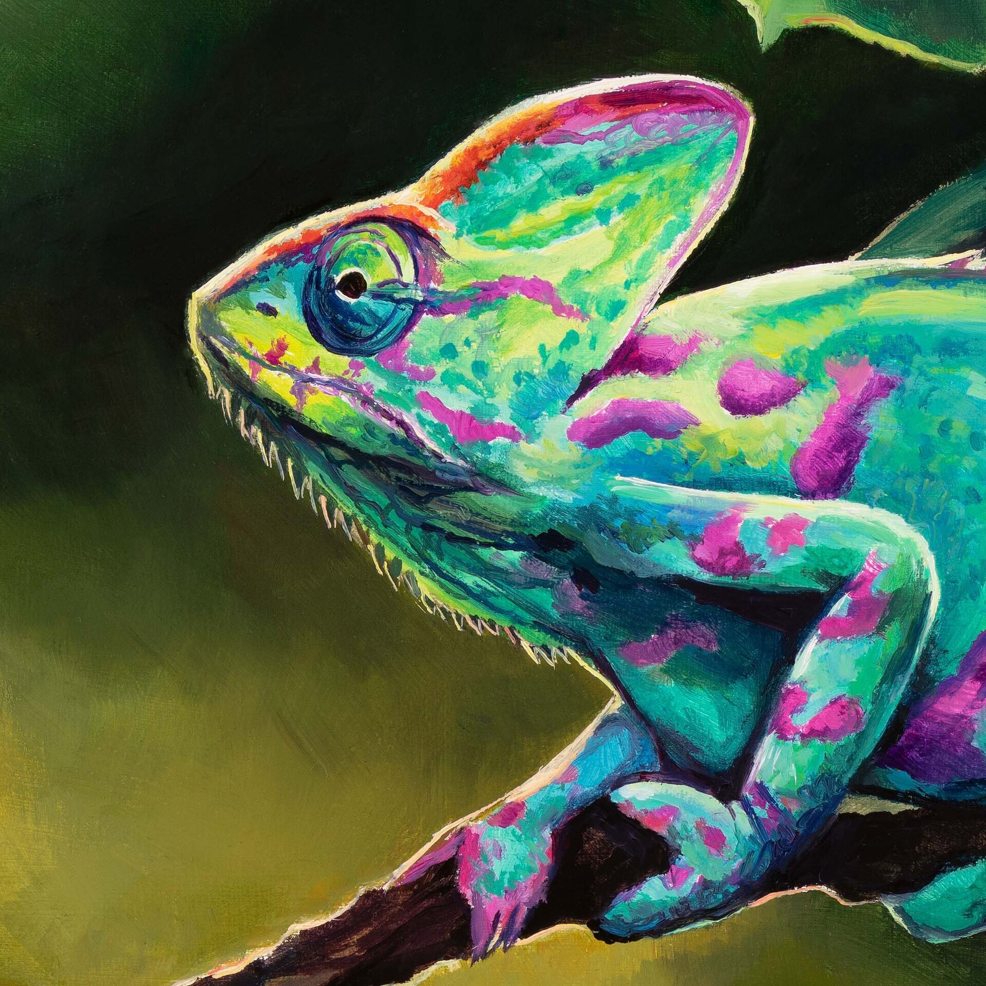 Cuadro al óleo de camaleón verde en la selva, Pintura realista animales salvajes - 7