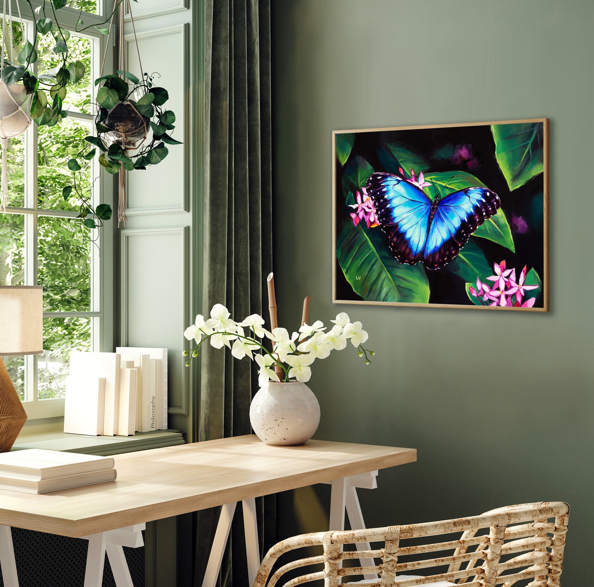 Cuadro de mariposa azul morpho sobre flores rosa, Pintura al óleo insecto jardín - 7