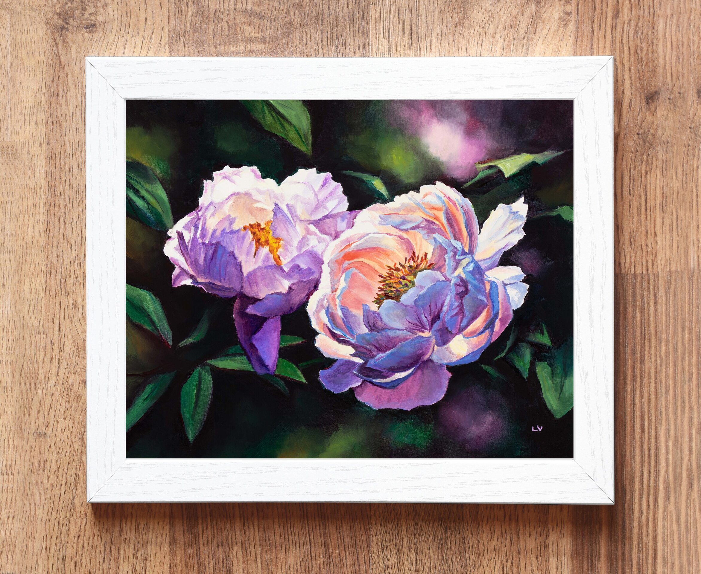 Bodegón floral con peonías rosa de jardín, Pintura botánica al óleo realista - 4