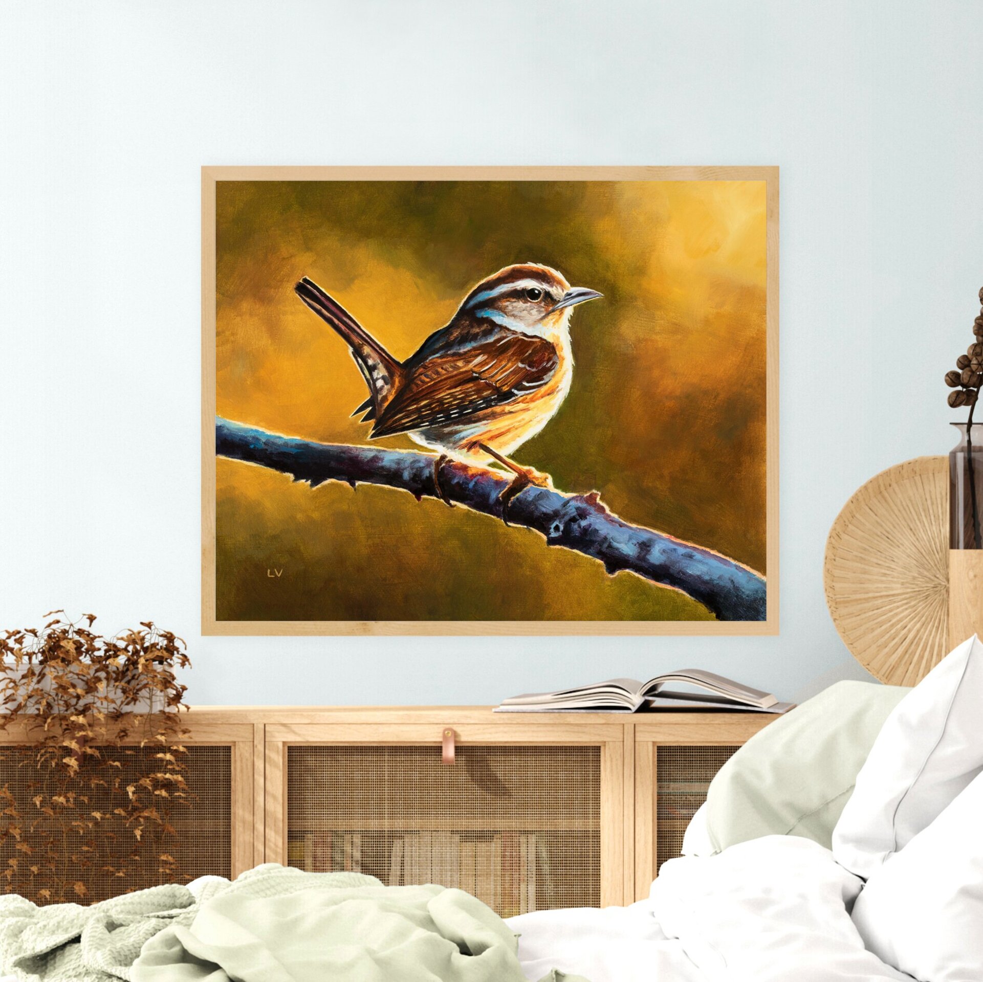 Pintura al óleo de un pájaro marrón sobre una rama, Cuadro animales silvestres - 13