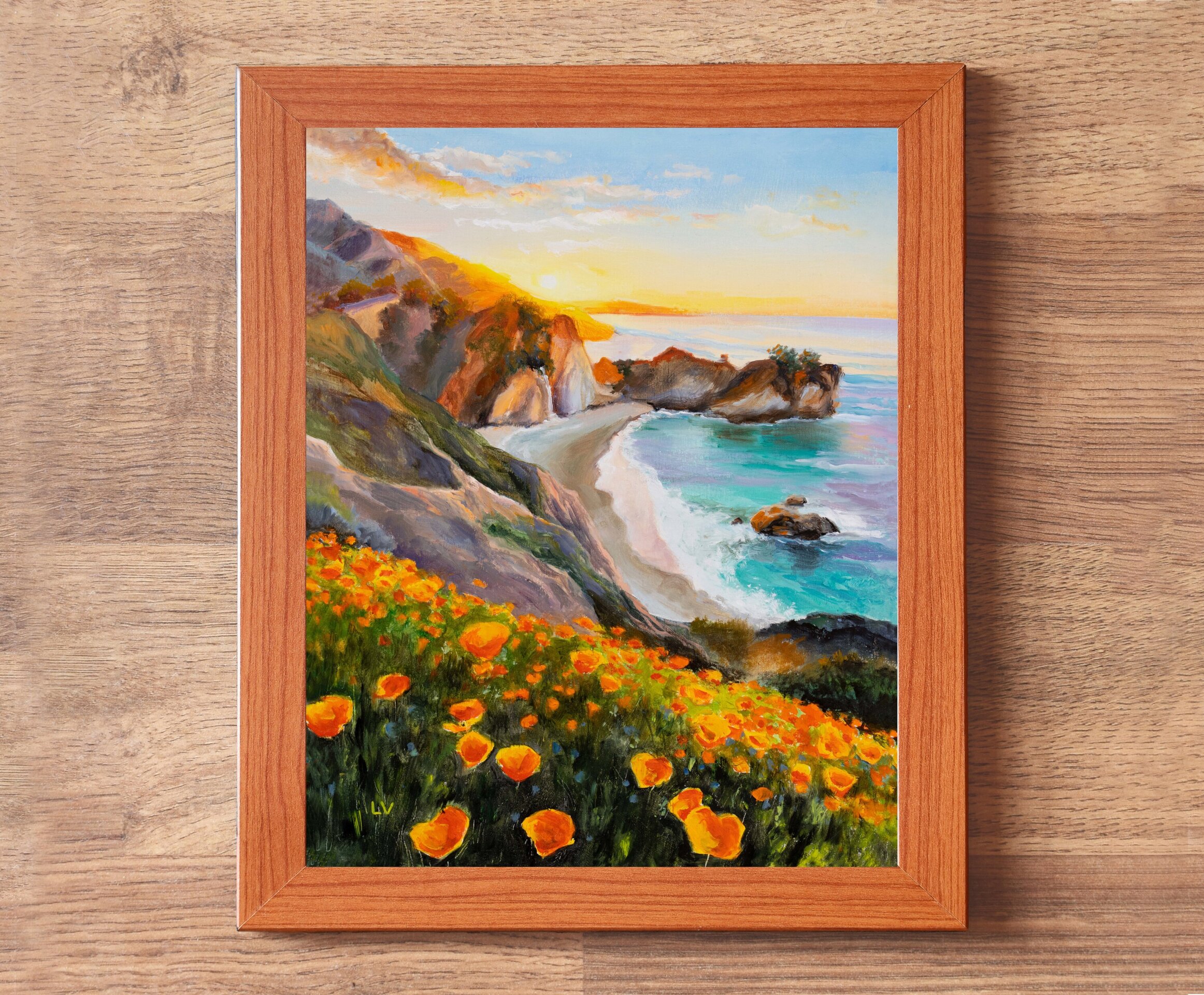 Pintura de playa de California, Mar de agua turquesa con rocas en puesta de sol - 3