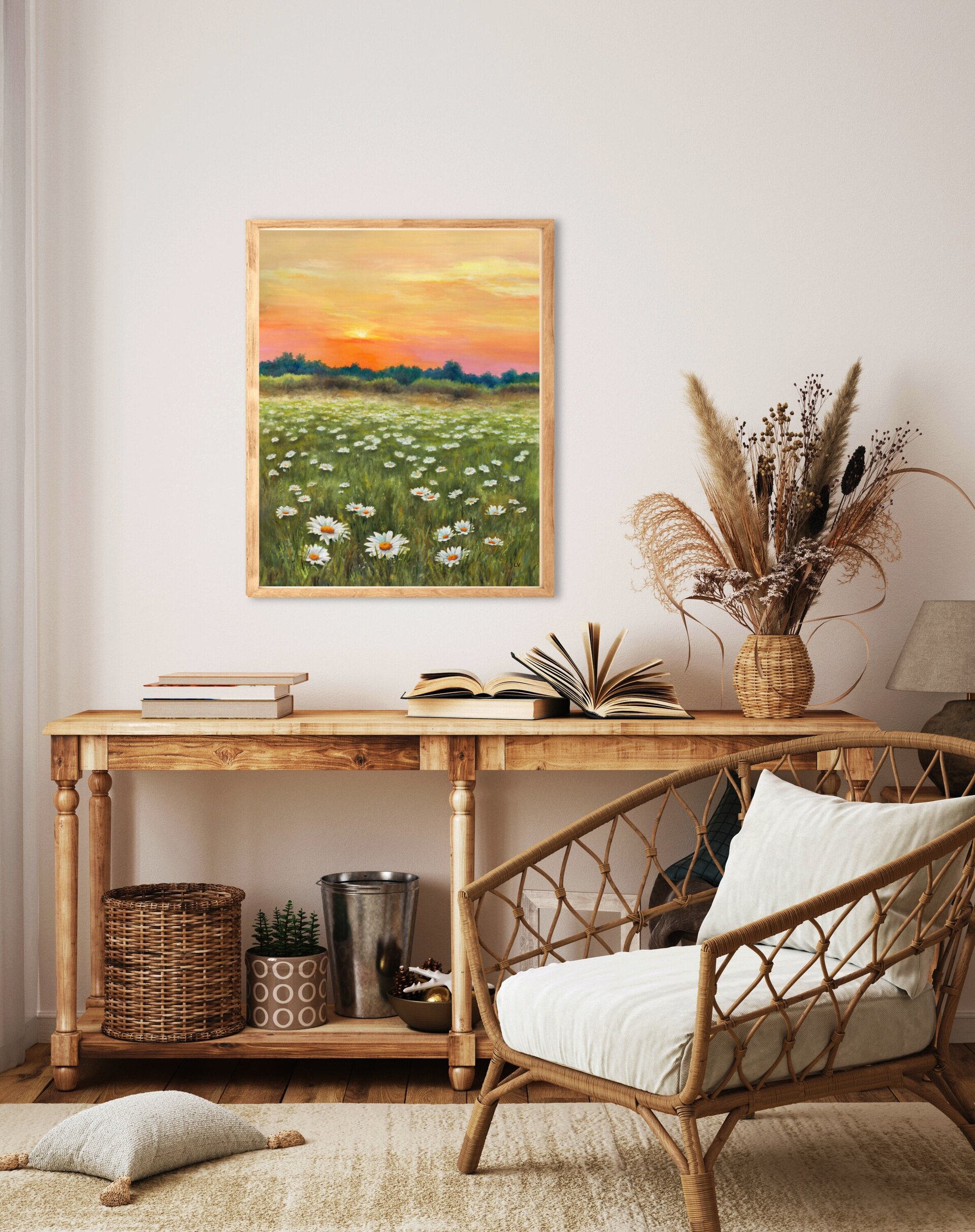 Pintura de campo de margaritas en puesta de sol, Paisaje de flores en primavera - 10