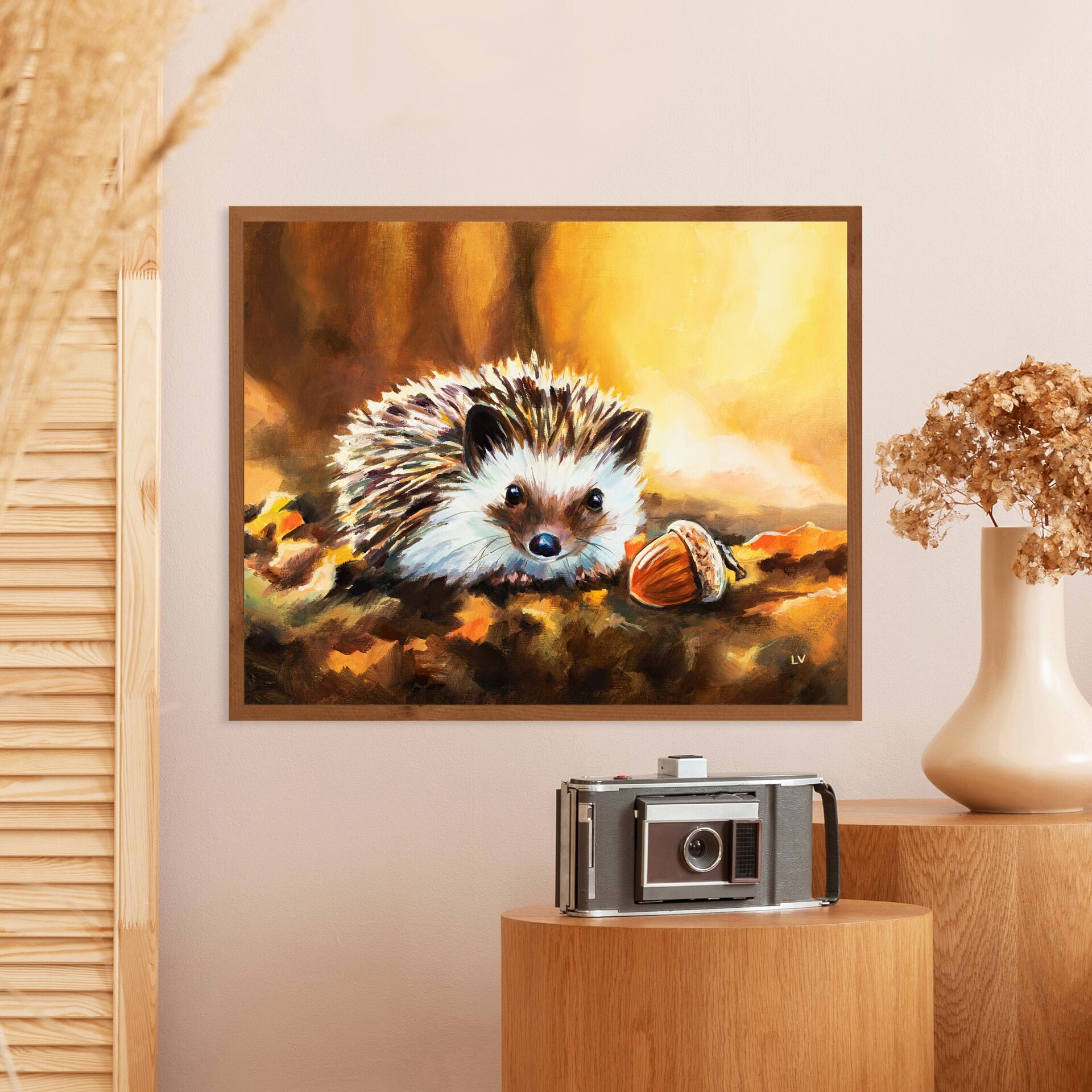 Cuadro de erizo con una bellota en el bosque otoñal, Pintura infantil animales - 9