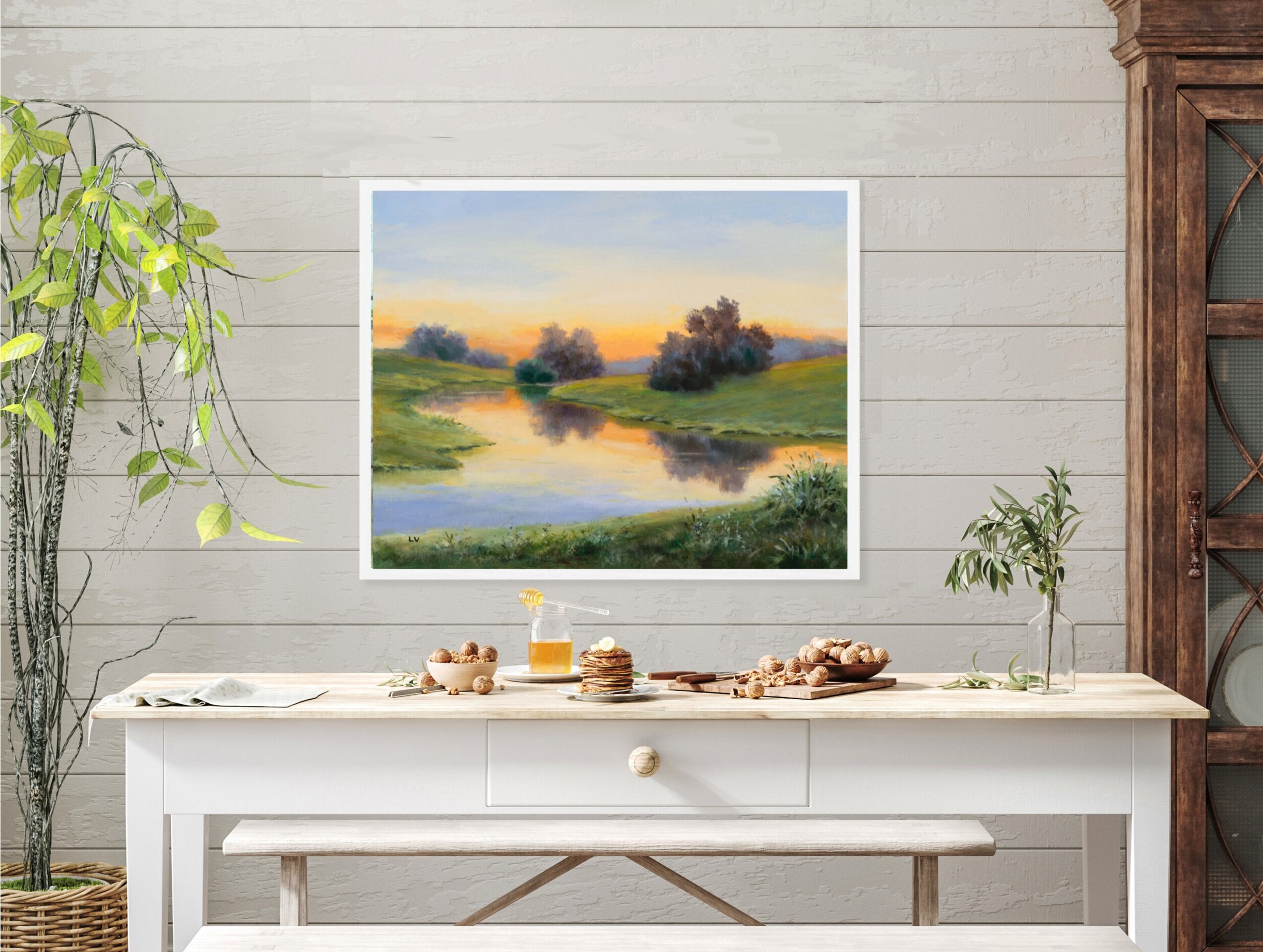 Óleo de pintoresco río inglés de agua tranquila con reflejos y cielo anaranjado - 9