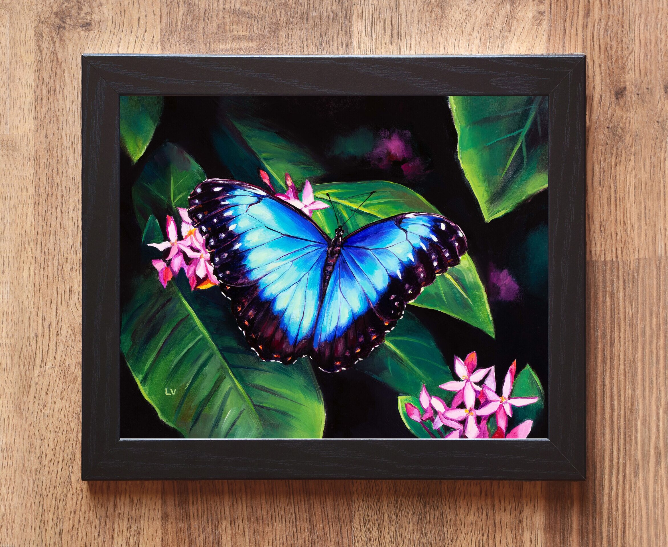 Cuadro de mariposa azul morpho sobre flores rosa, Pintura al óleo insecto jardín - 2