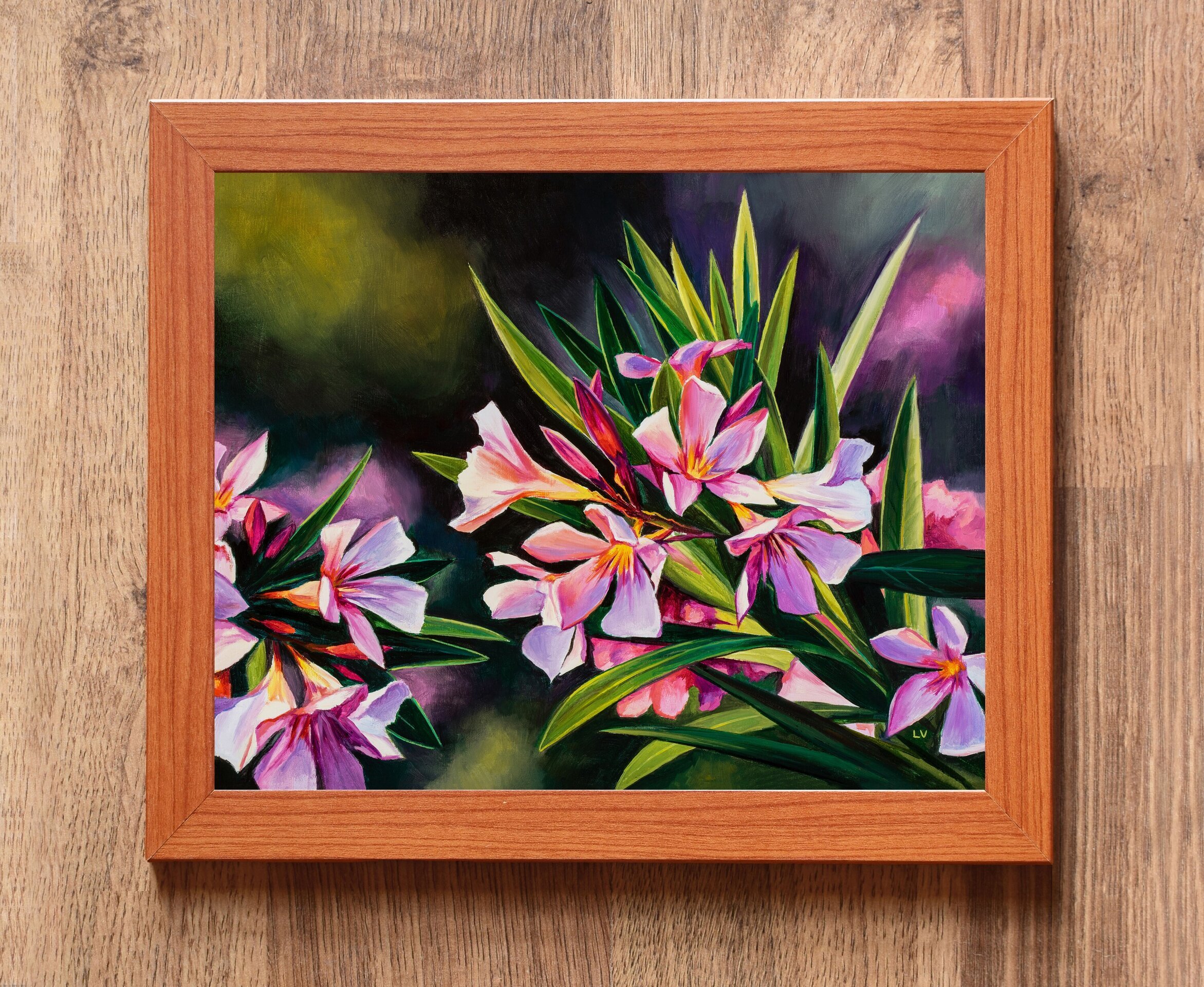 Cuadro al óleo de flores rosa de adelfa, Pintura de bodegón floral de verano - 3