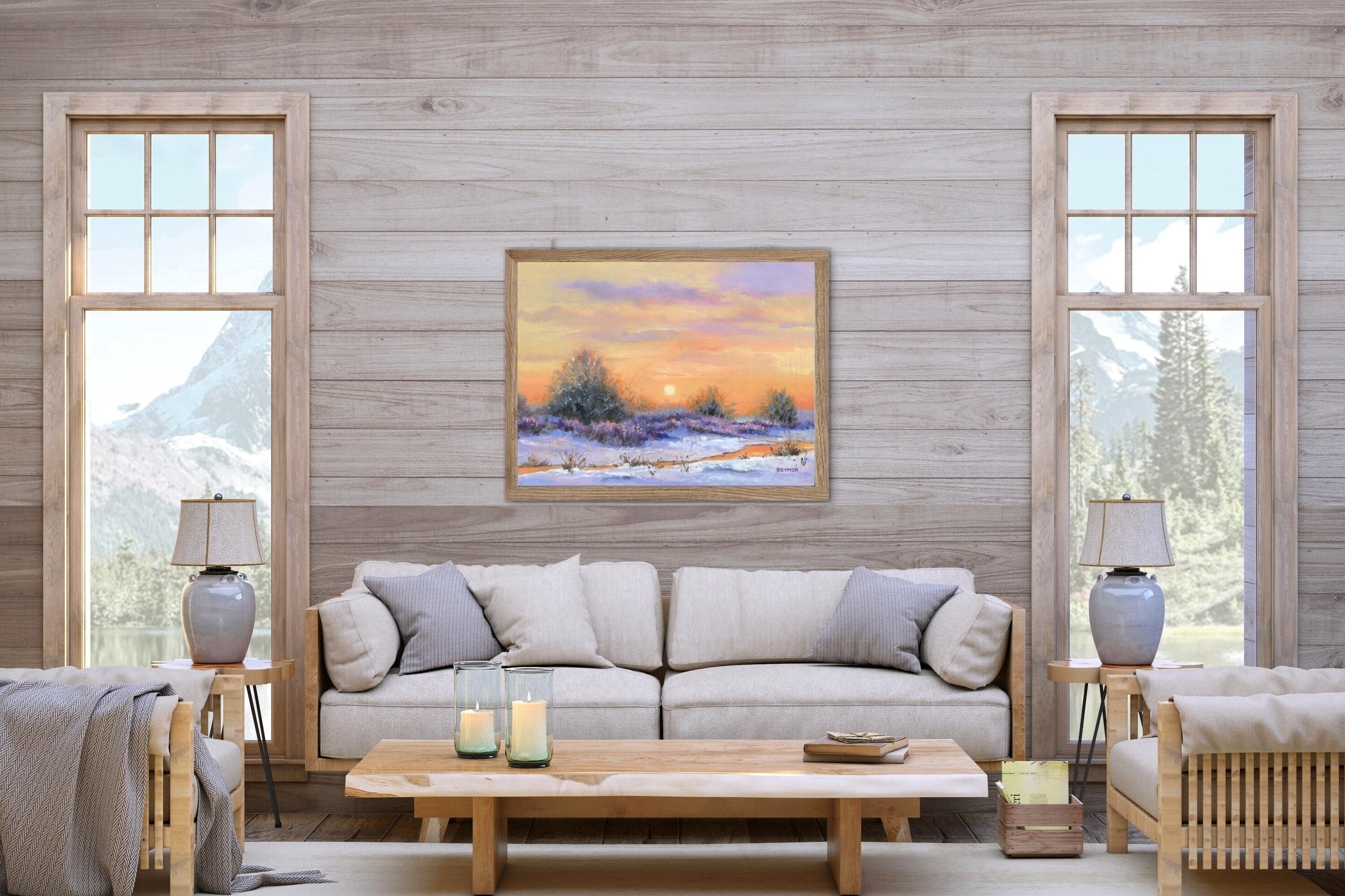 Paisaje de invierno con nieve y río de colores suaves, Cielo cálido al amanecer - 10