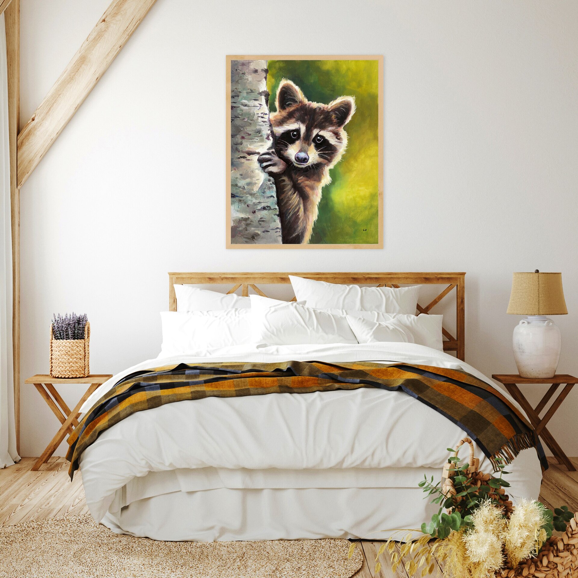 Retrato al óleo de un mapache asomado en un tronco, Pintura realista de animales - 12