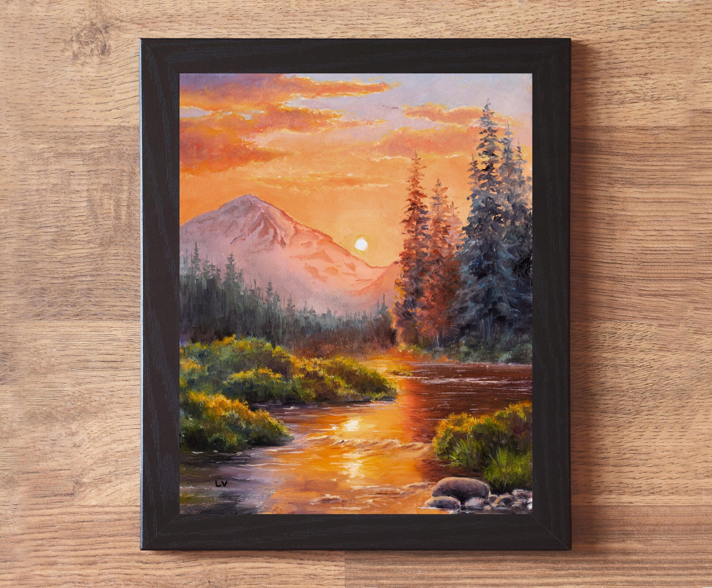 Río de montaña al atardecer con abetos, Paisaje de cielo vibrante, tonos cálidos - 2