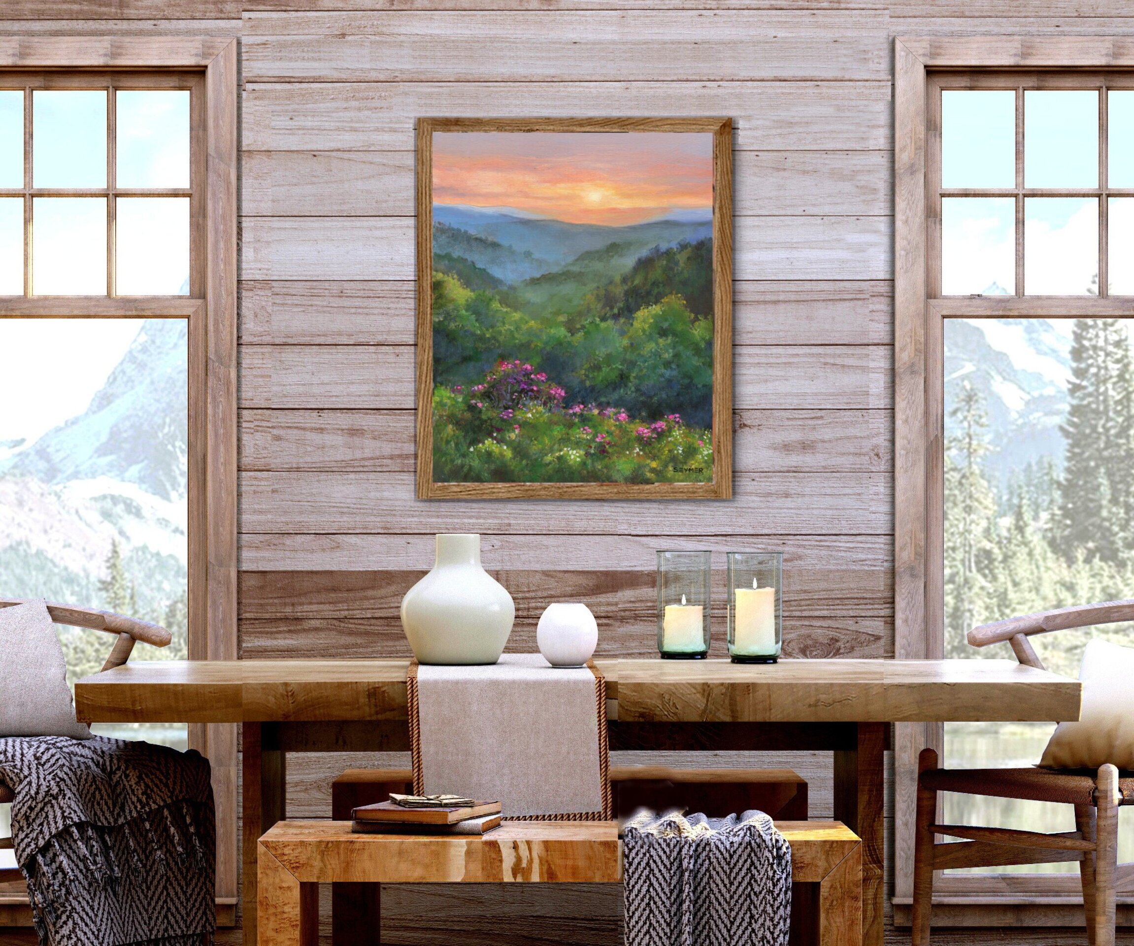 Paisaje panorámico de atardecer con montañas, flores rosa y frondosa vegetación - 8