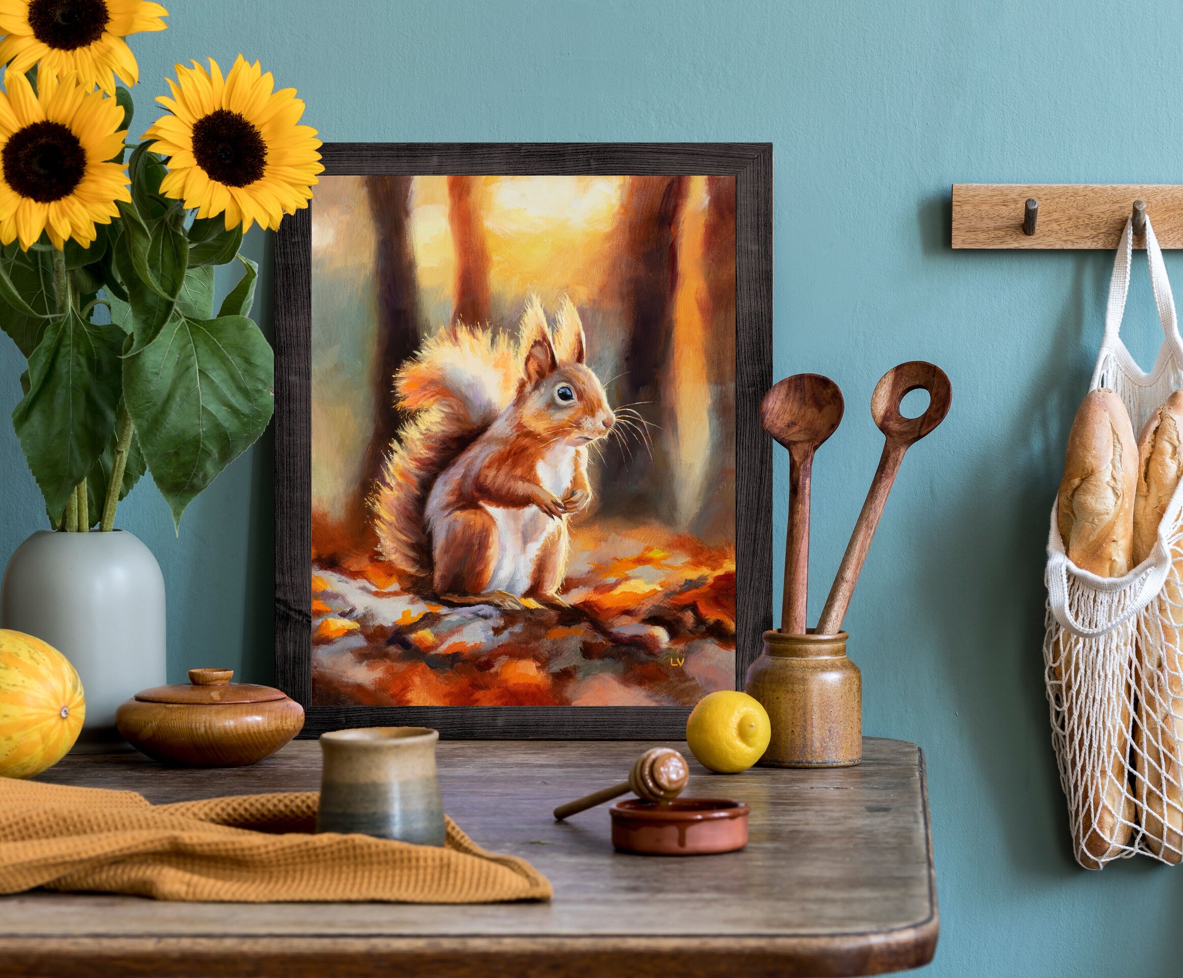 Pintura al óleo de una ardilla roja en el bosque de otoño, Retrato de animales - 5