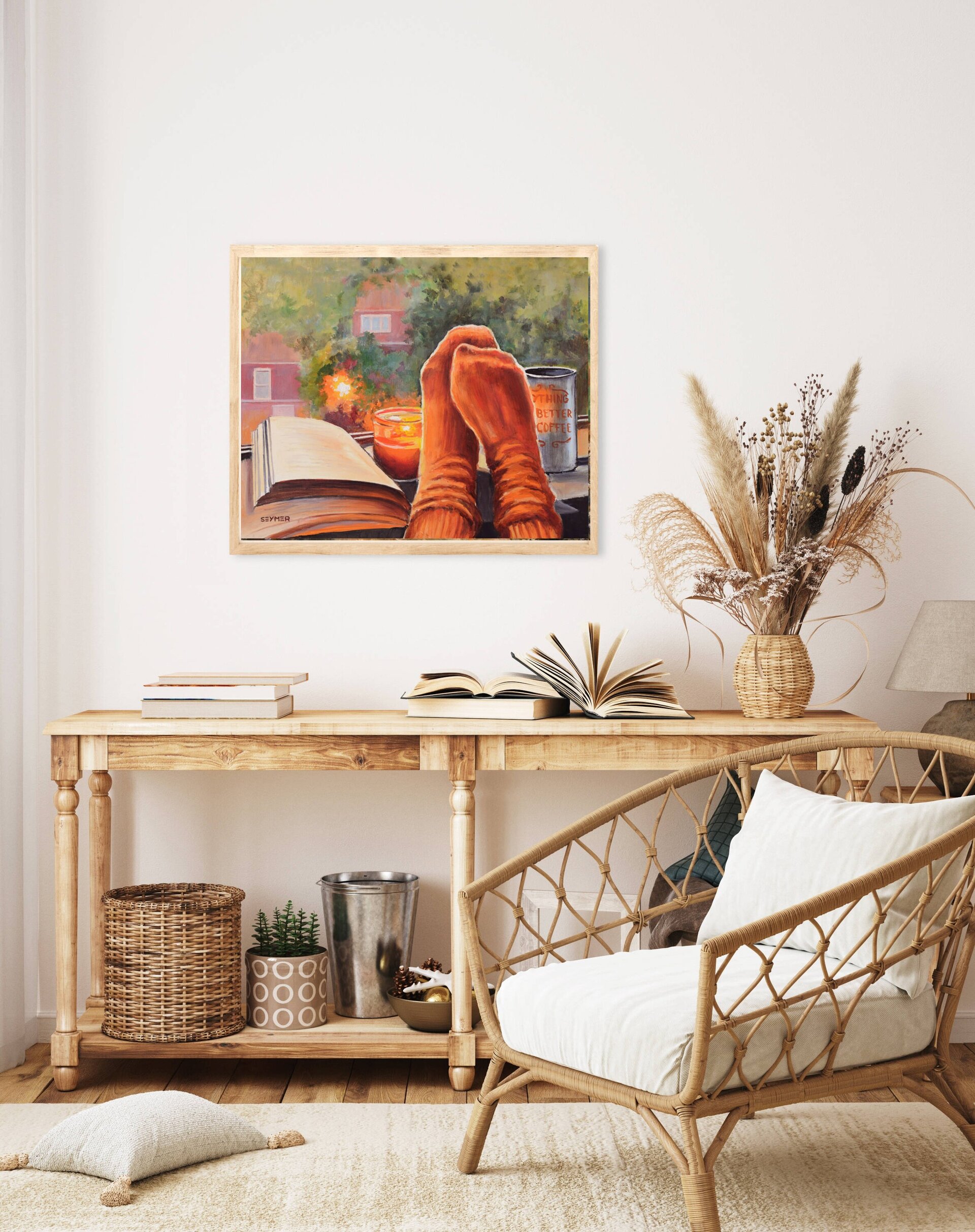 Pintura de un cálido hogar en otoño, un café, un libro y una vela en la ventana - 11