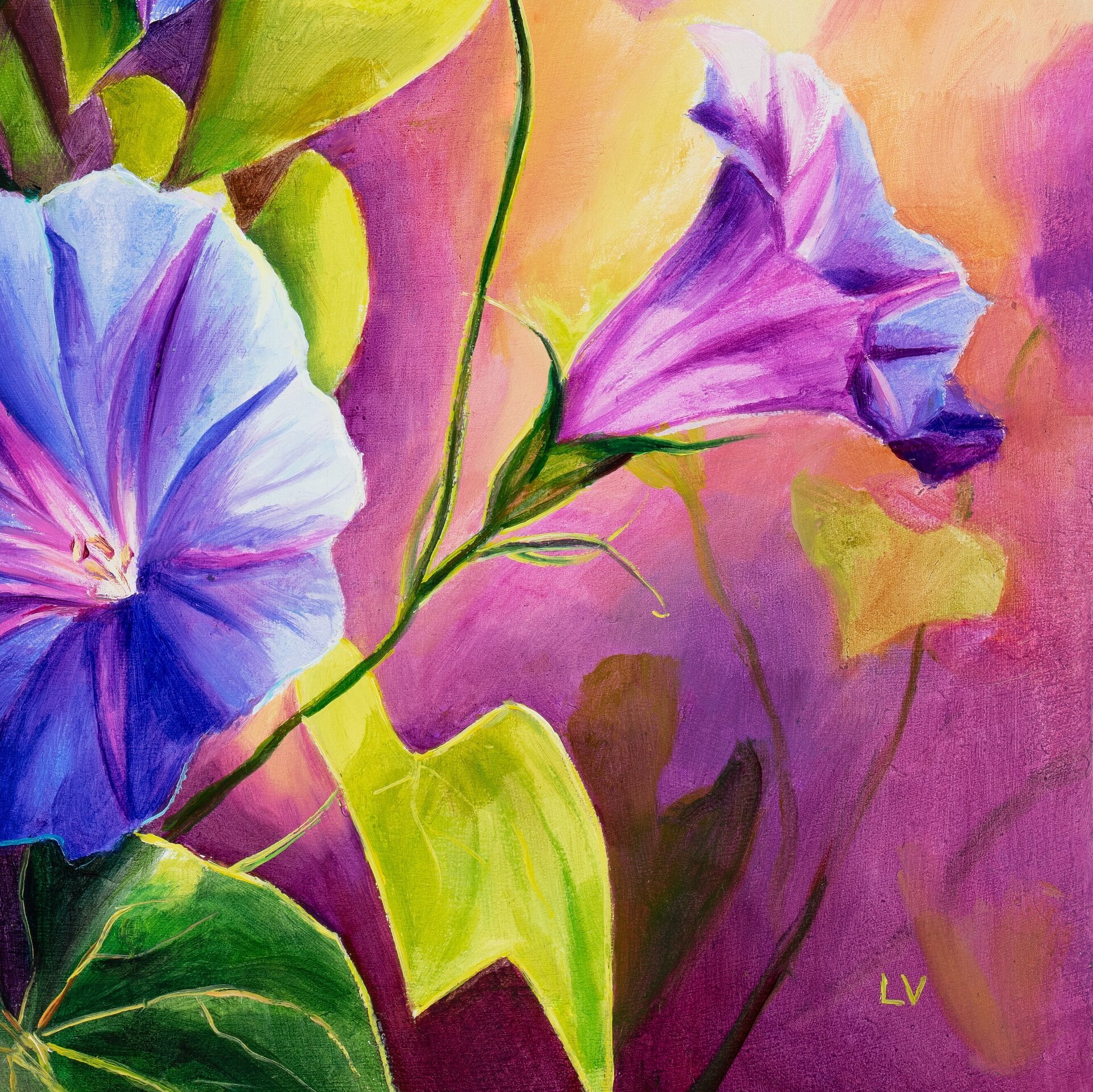 Flores de campanilla moradas en el jardín cuadro al óleo, Pintura botánica - 14