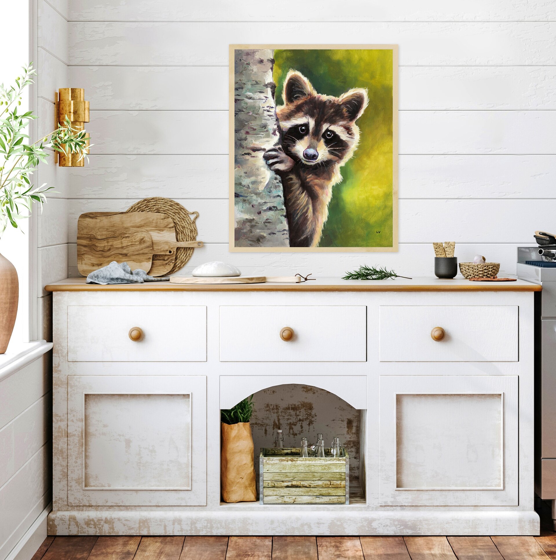Retrato al óleo de un mapache asomado en un tronco, Pintura realista de animales - 11