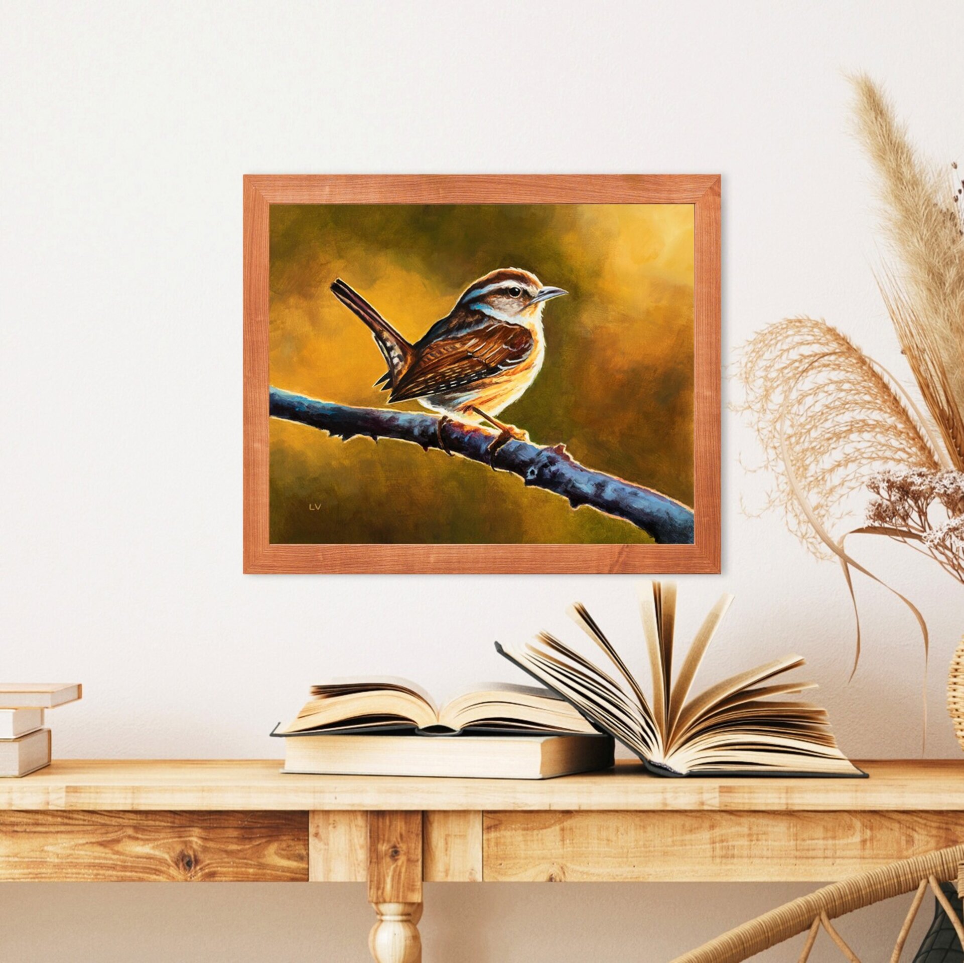 Pintura al óleo de un pájaro marrón sobre una rama, Cuadro animales silvestres - 5