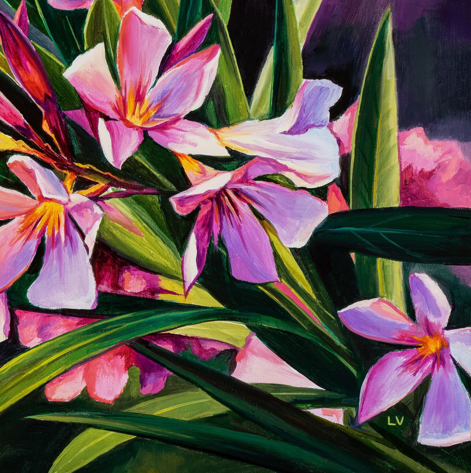 Cuadro al óleo de flores rosa de adelfa, Pintura de bodegón floral de verano - 13