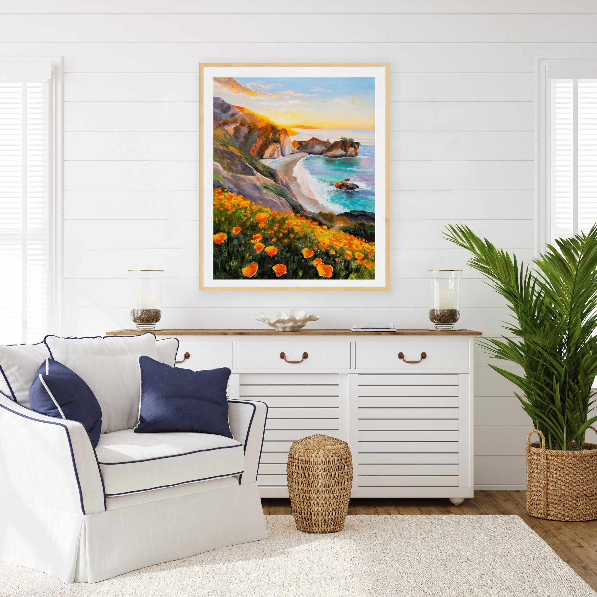 Pintura de playa de California, Mar de agua turquesa con rocas en puesta de sol - 7