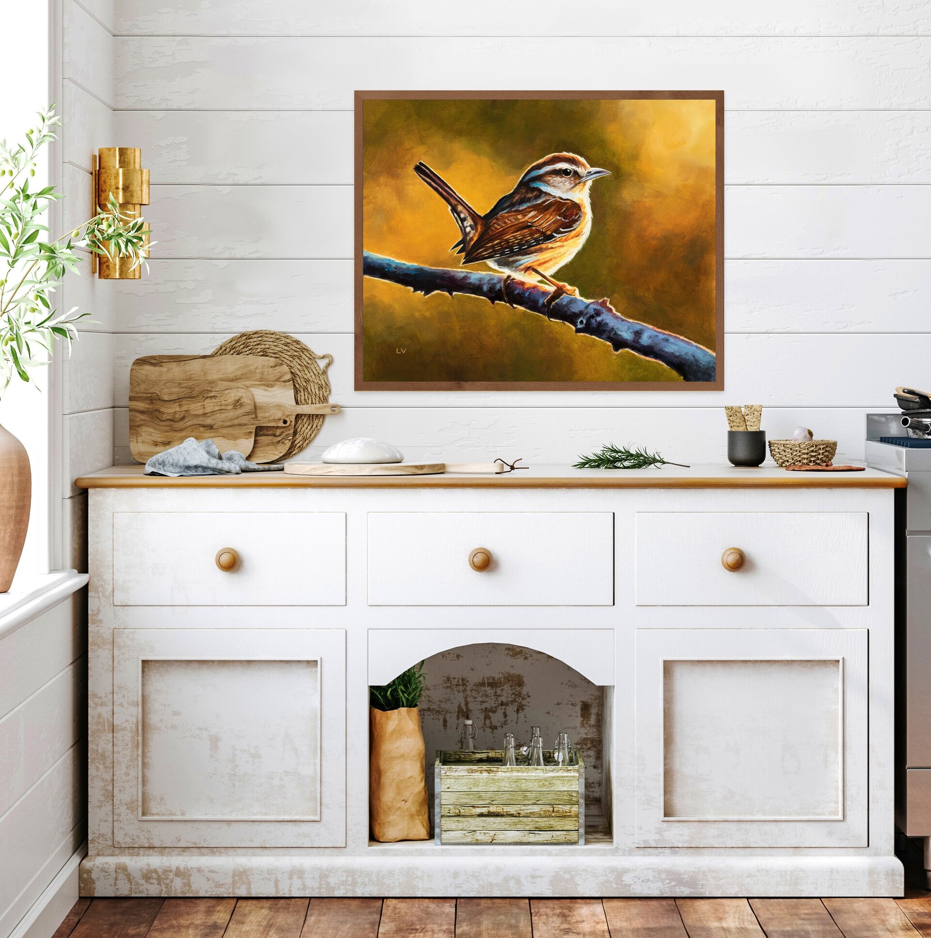 Pintura al óleo de un pájaro marrón sobre una rama, Cuadro animales silvestres - 10