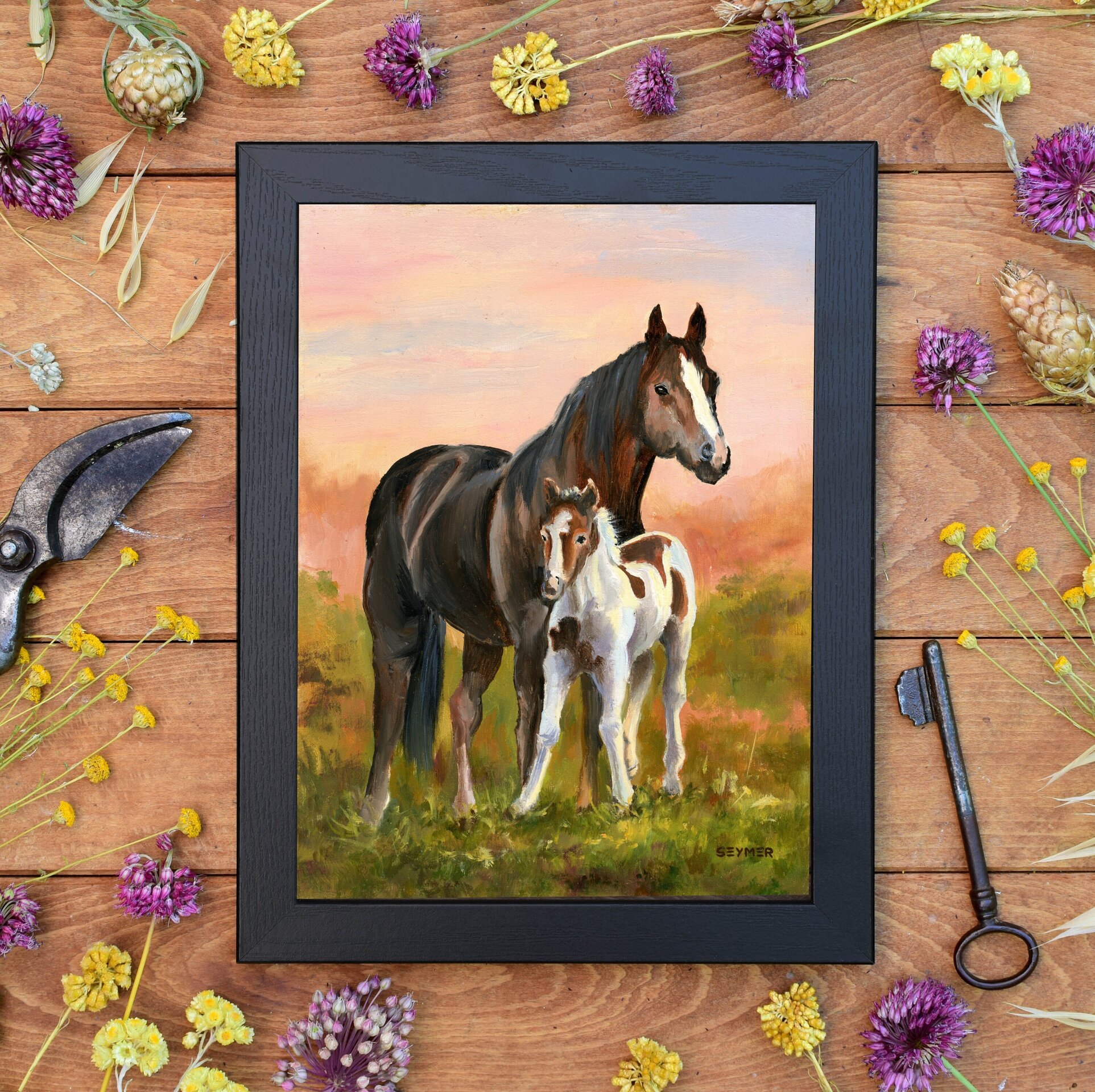 Yegua y potrillo al atardecer, Pintura cálida de serenidad, ternura y animales - 2