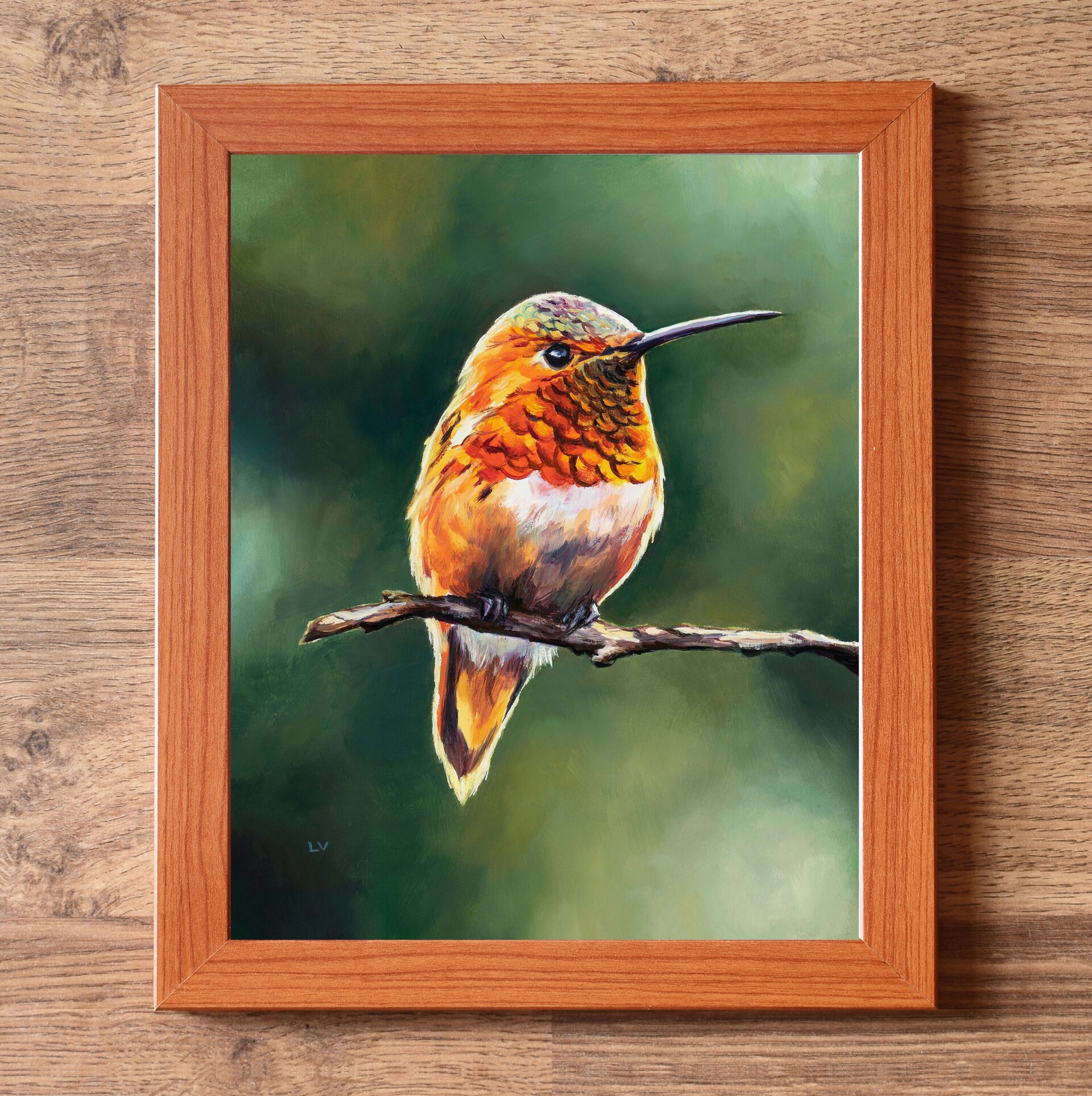 Pintura de colibrí naranja posado en un árbol, Retrato de vida silvestre animal - 3