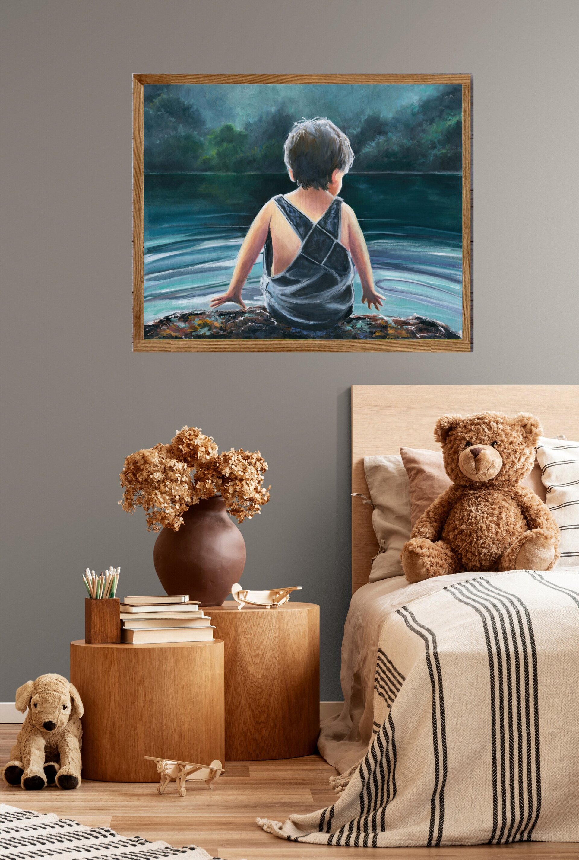 Pintura de lago de noche con niño jugando con el agua bajo reflejo de luna llena - 9